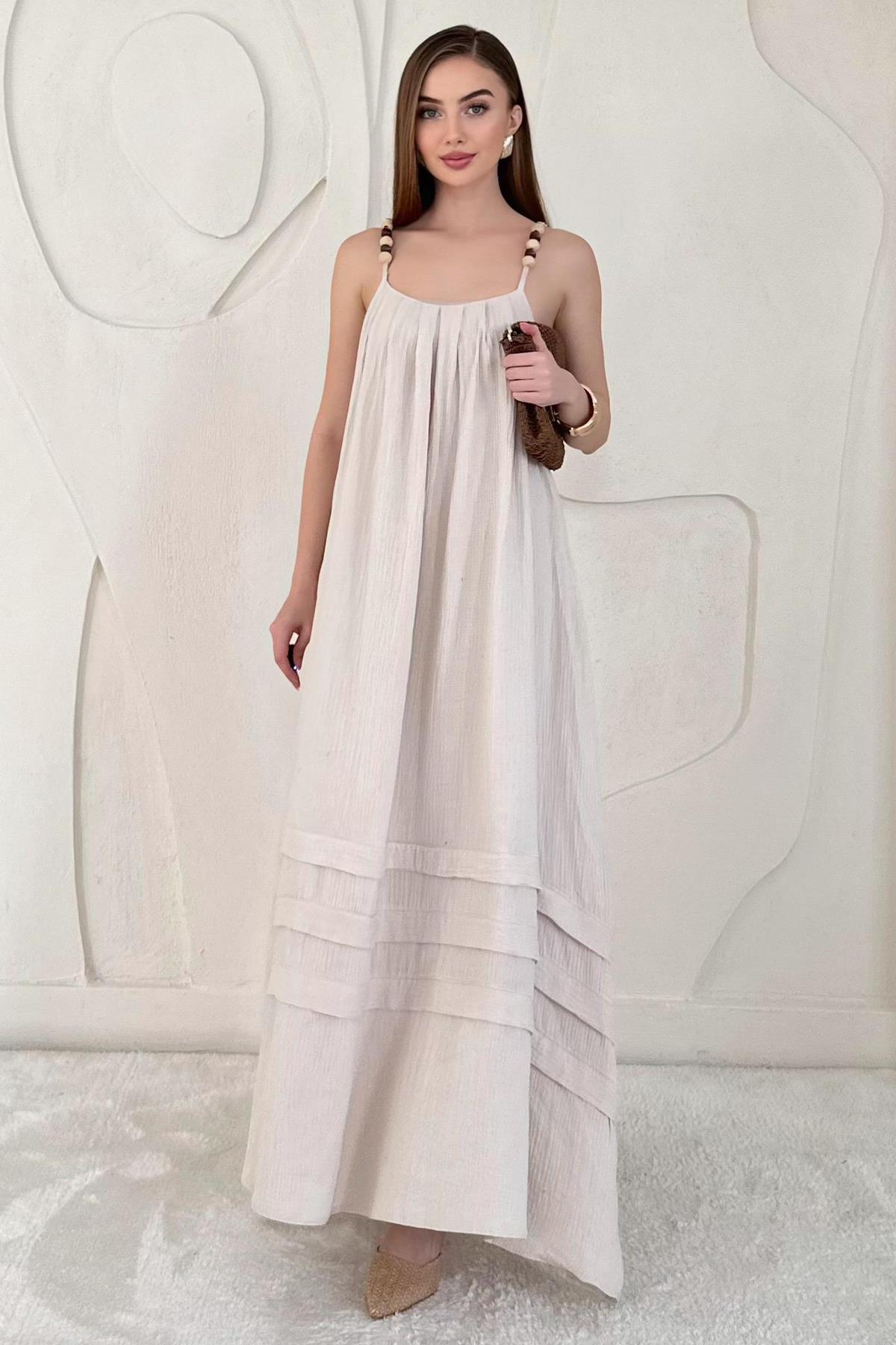 Bej Boncuk Askılı Uzun Müslin Elbise
