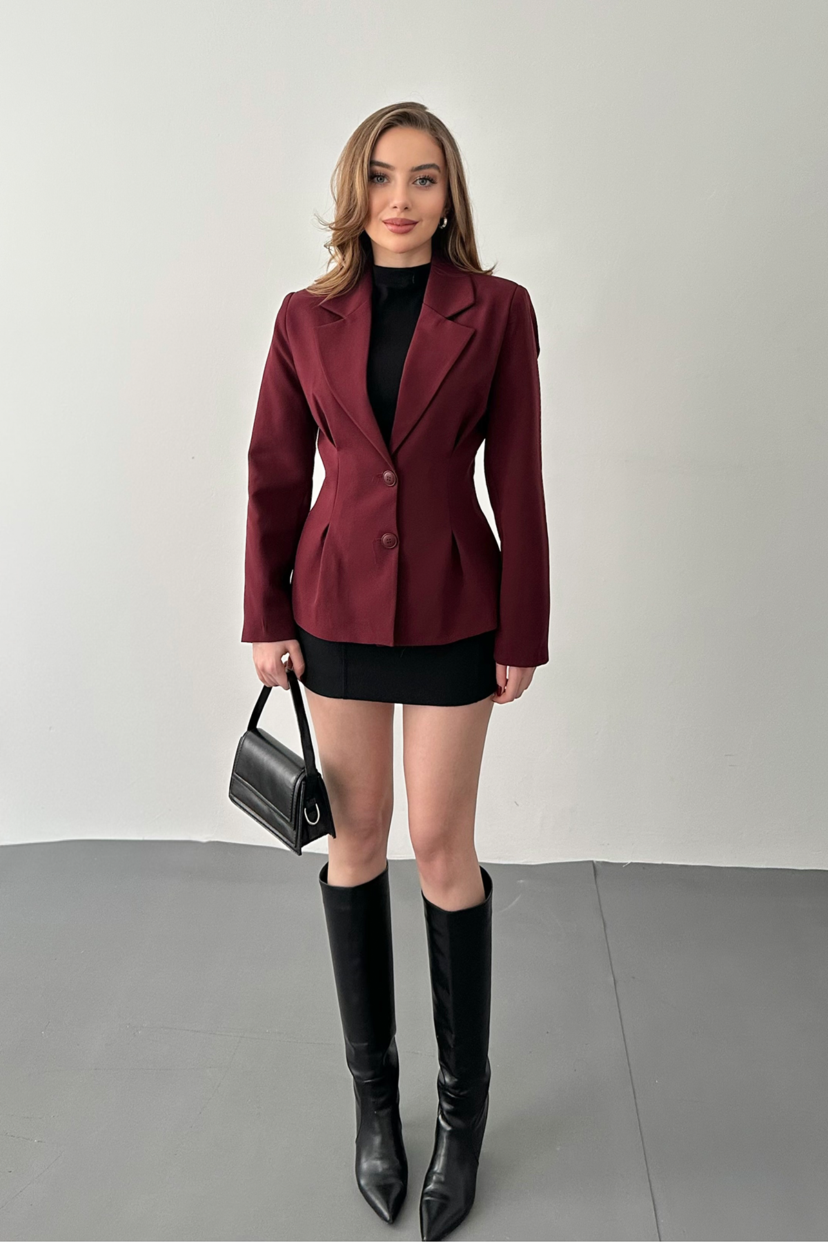 Bordo İki Düğmeli Pileli Ceket
