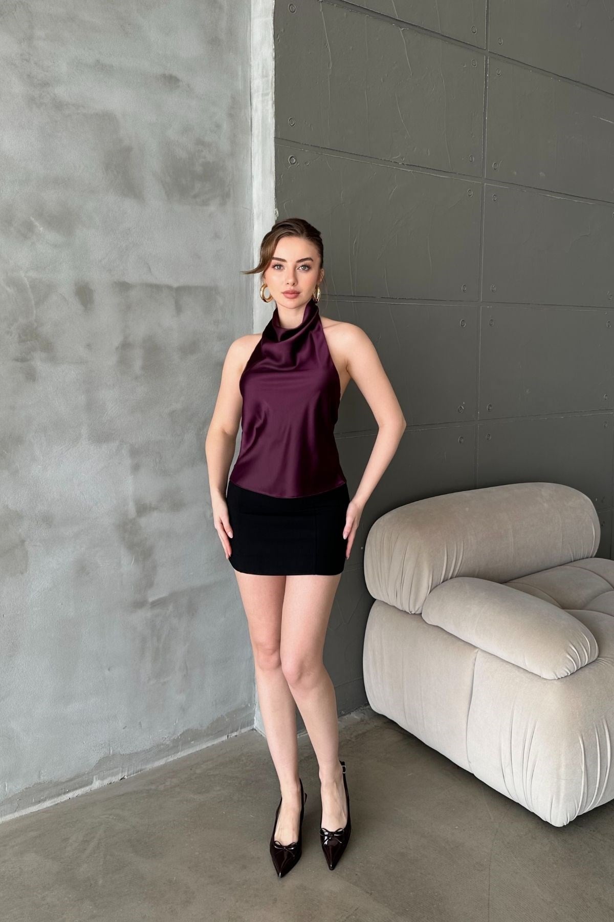 Bordo Degaje Saten Bluz