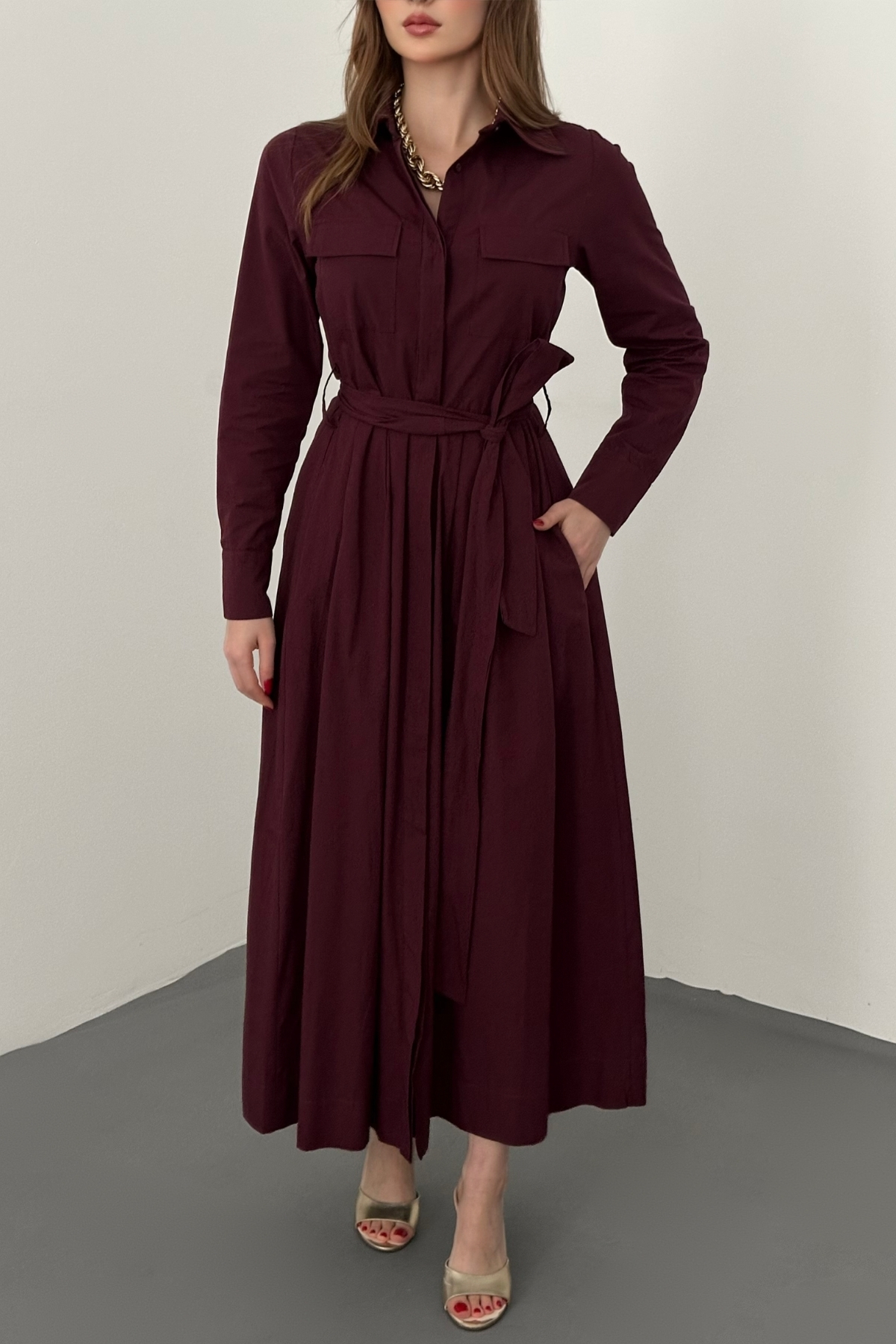 Bordo Düğmeli Poplin Elbise