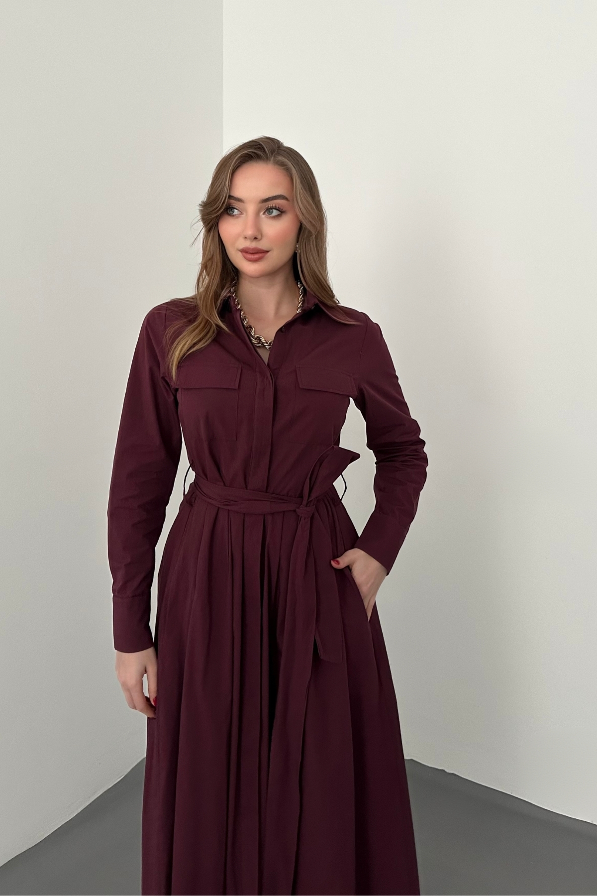 Bordo Düğmeli Poplin Elbise