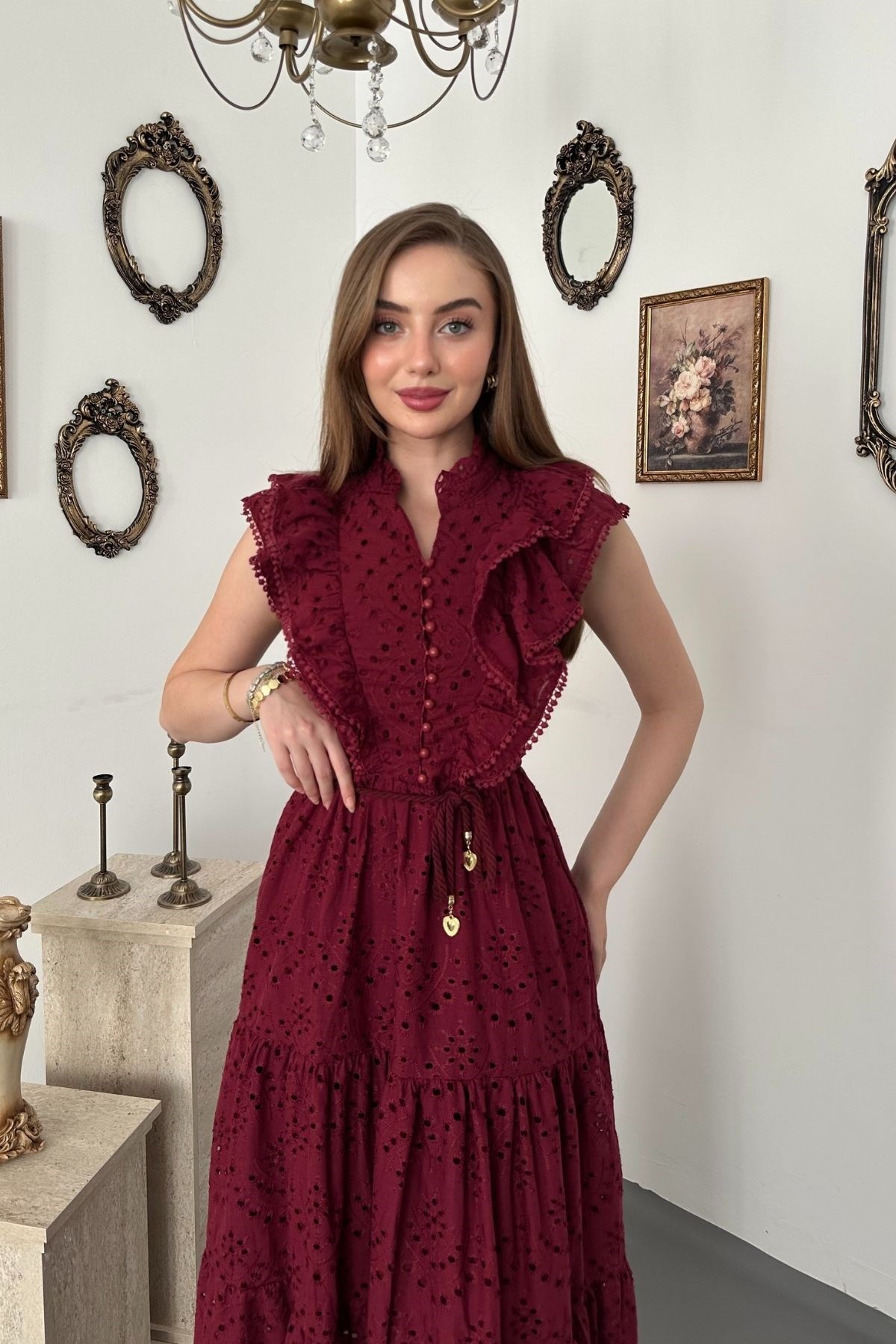 Bordo Fırfırlı Düğmeli Elbise