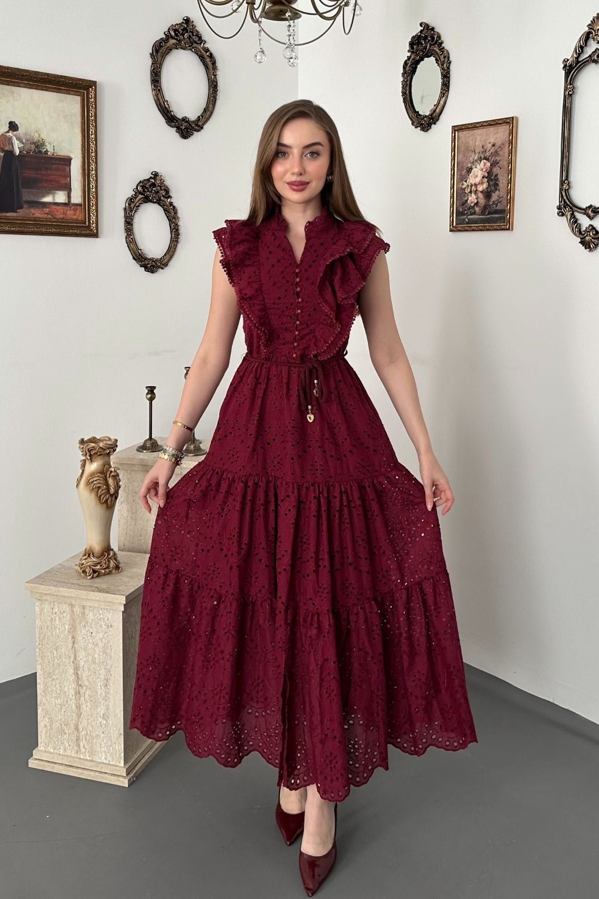 Bordo Fırfırlı Düğmeli Elbise