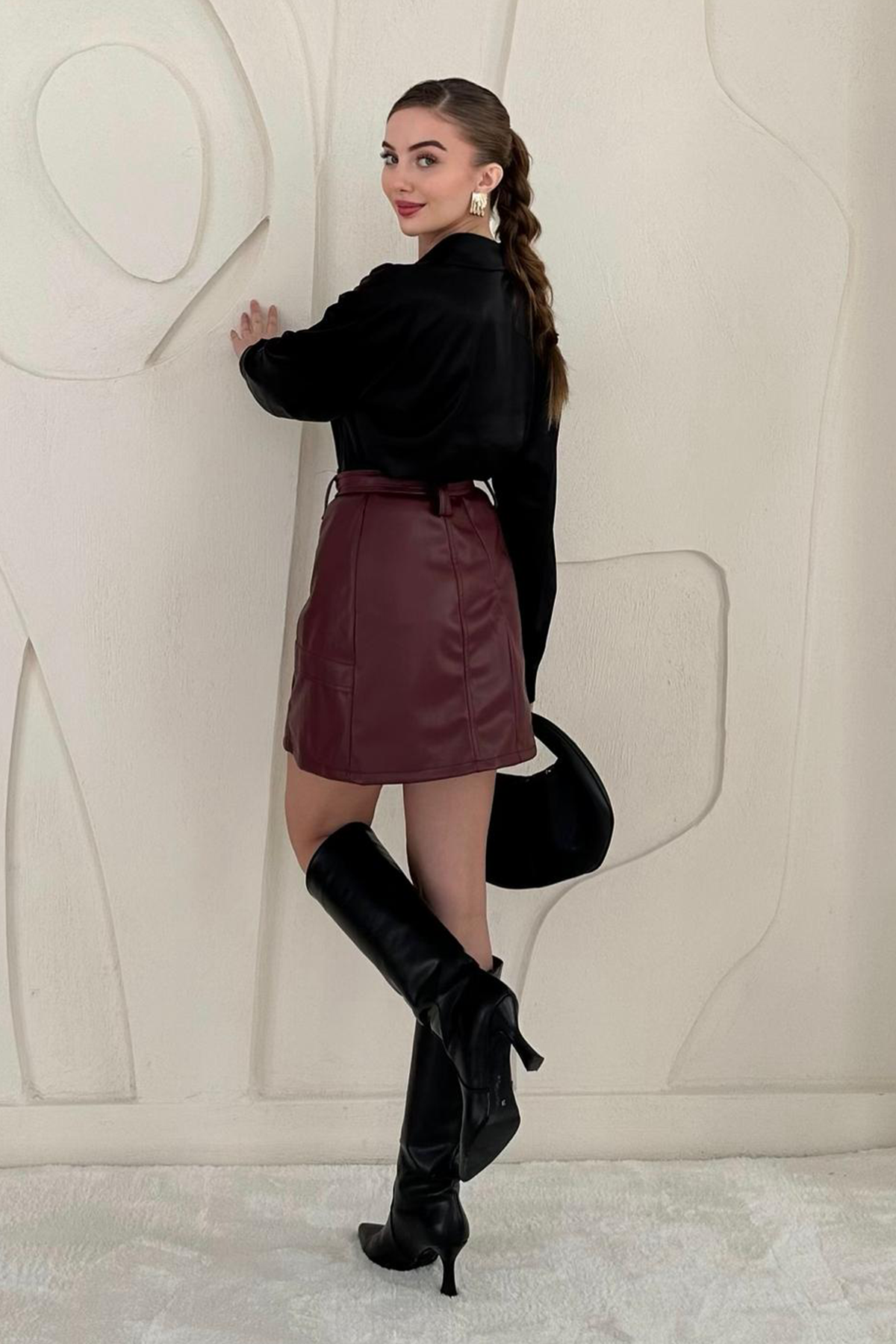 Belted Mini Leather Skirt