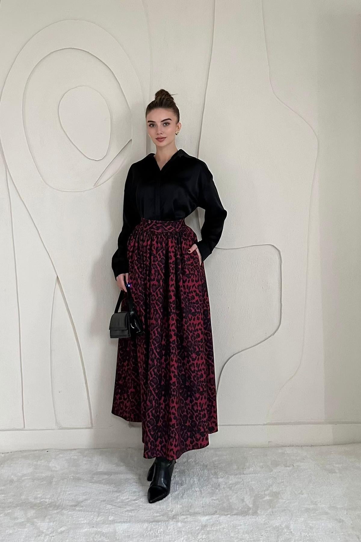 Leopard Pleated Long Skirt