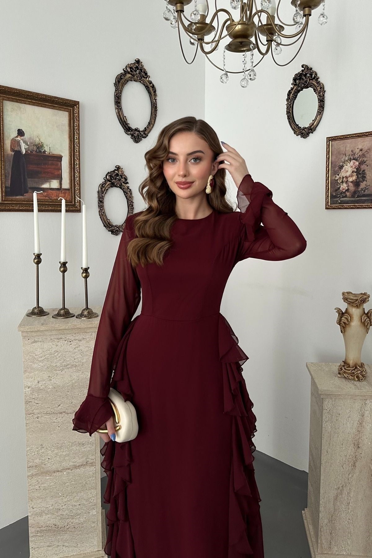 Bordo Volanlı Şifon Elbise