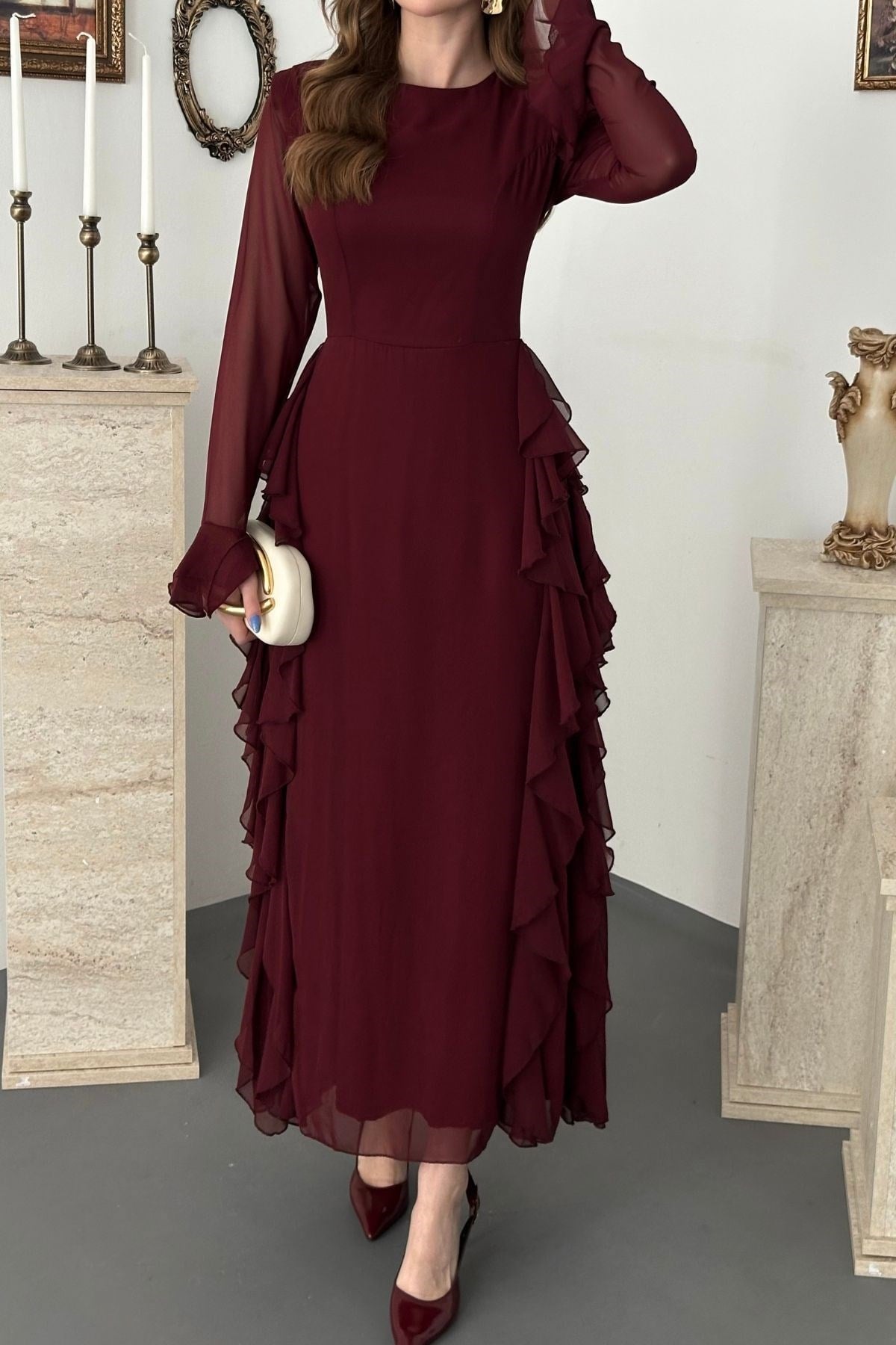 Bordo Volanlı Şifon Elbise
