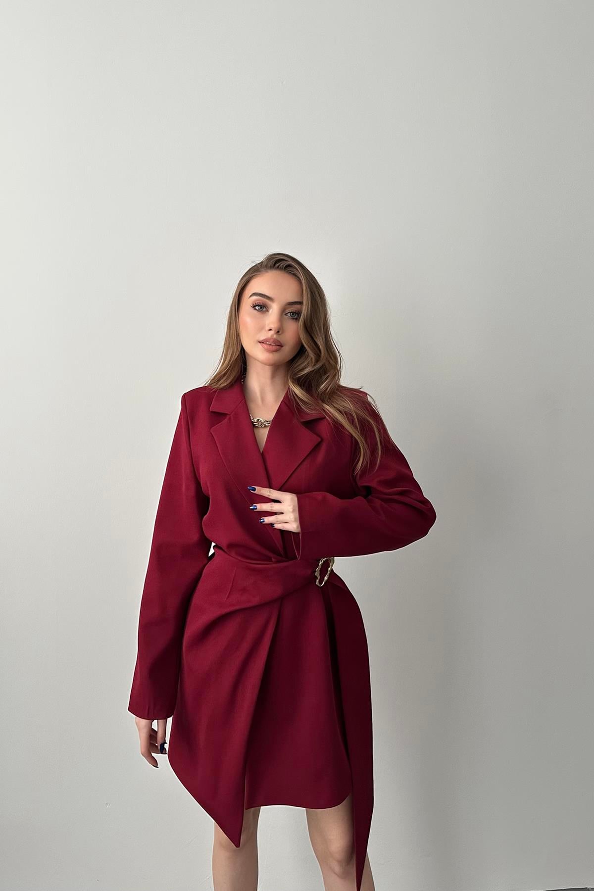 Bordo Yandan Tokalı Ceket Elbise