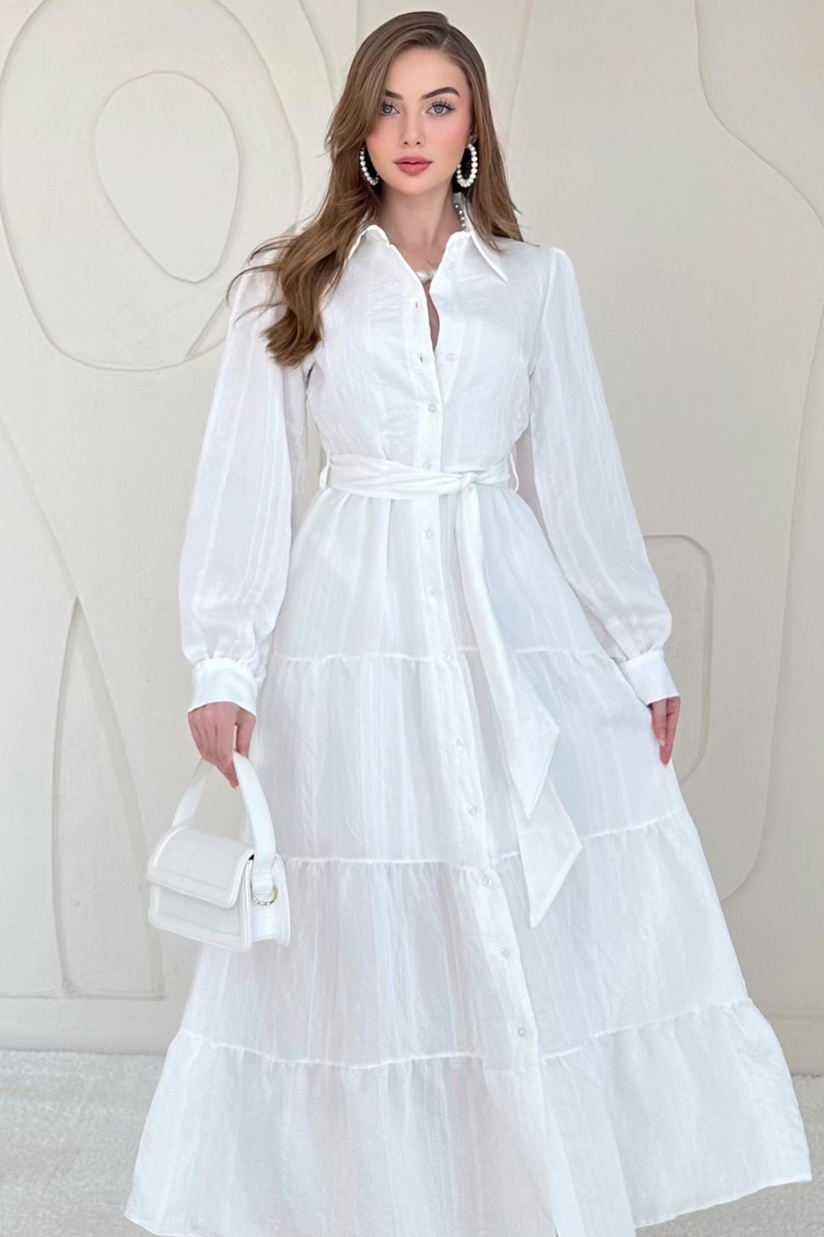 Beyaz Boydan Düğmeli Çizgi Desenli Elbise