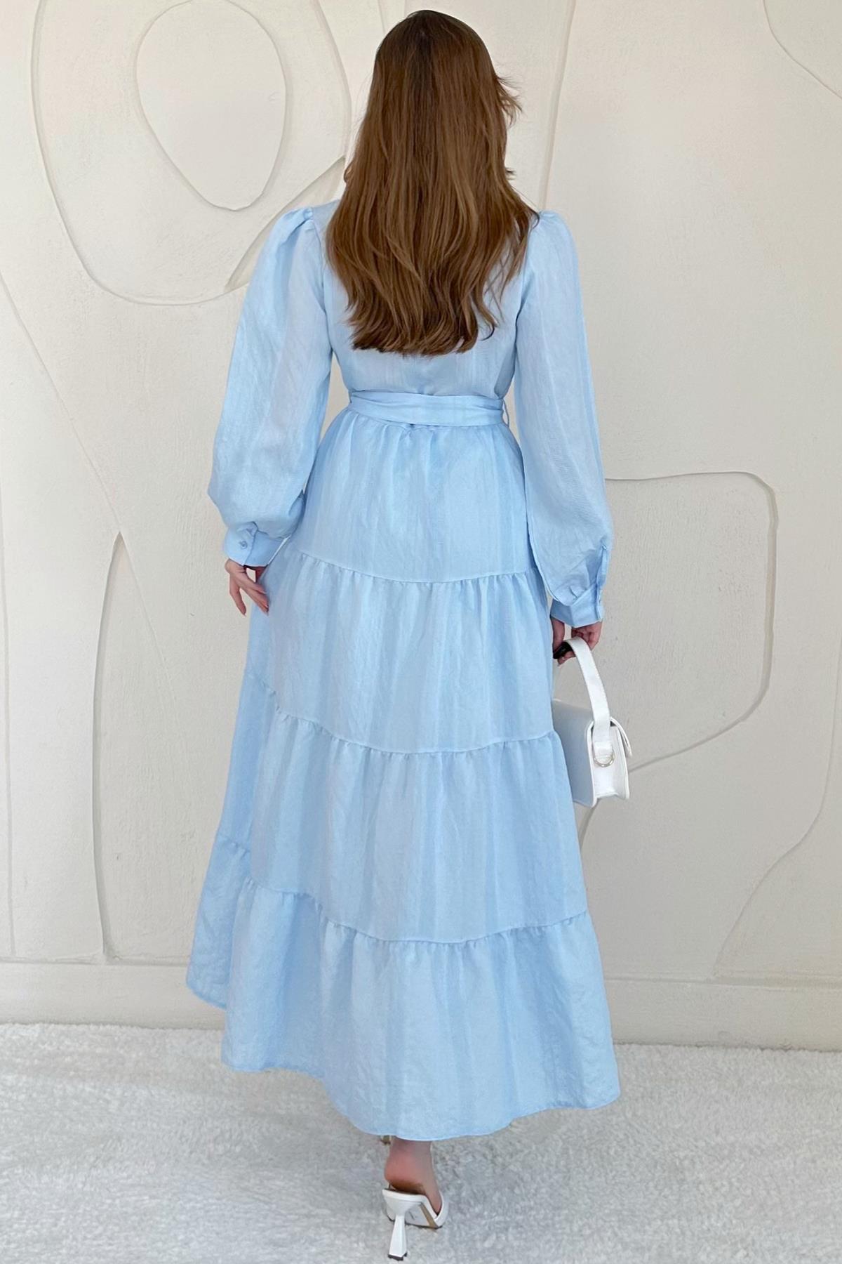 Mavi Boydan Düğmeli Çizgi Desenli Elbise