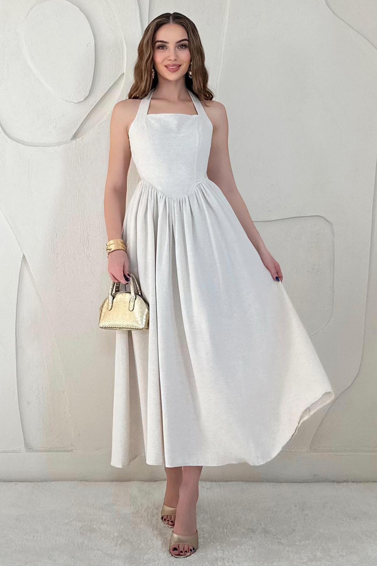 Bej Boyundan Bağlamalı Keten Elbise