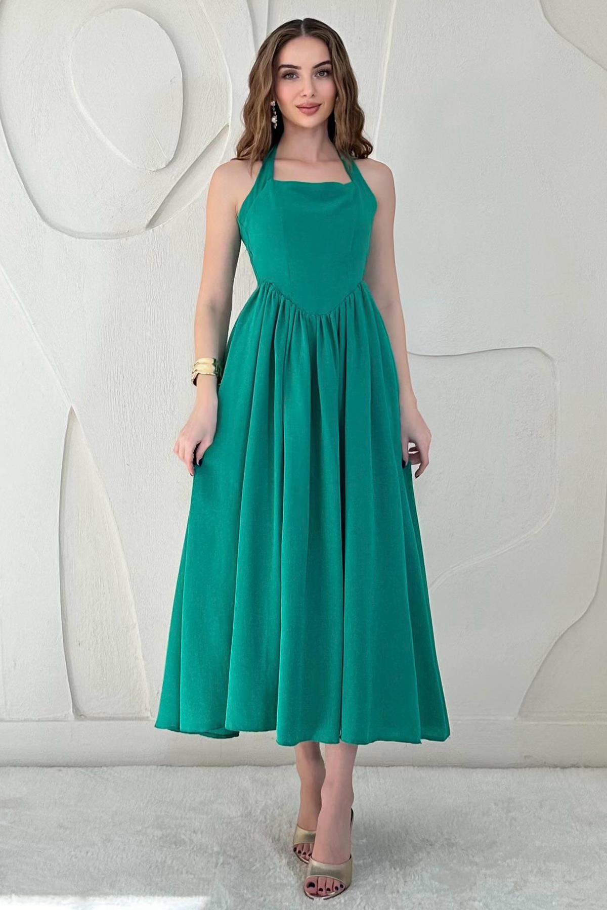Yeşil Boyundan Bağlamalı Keten Elbise