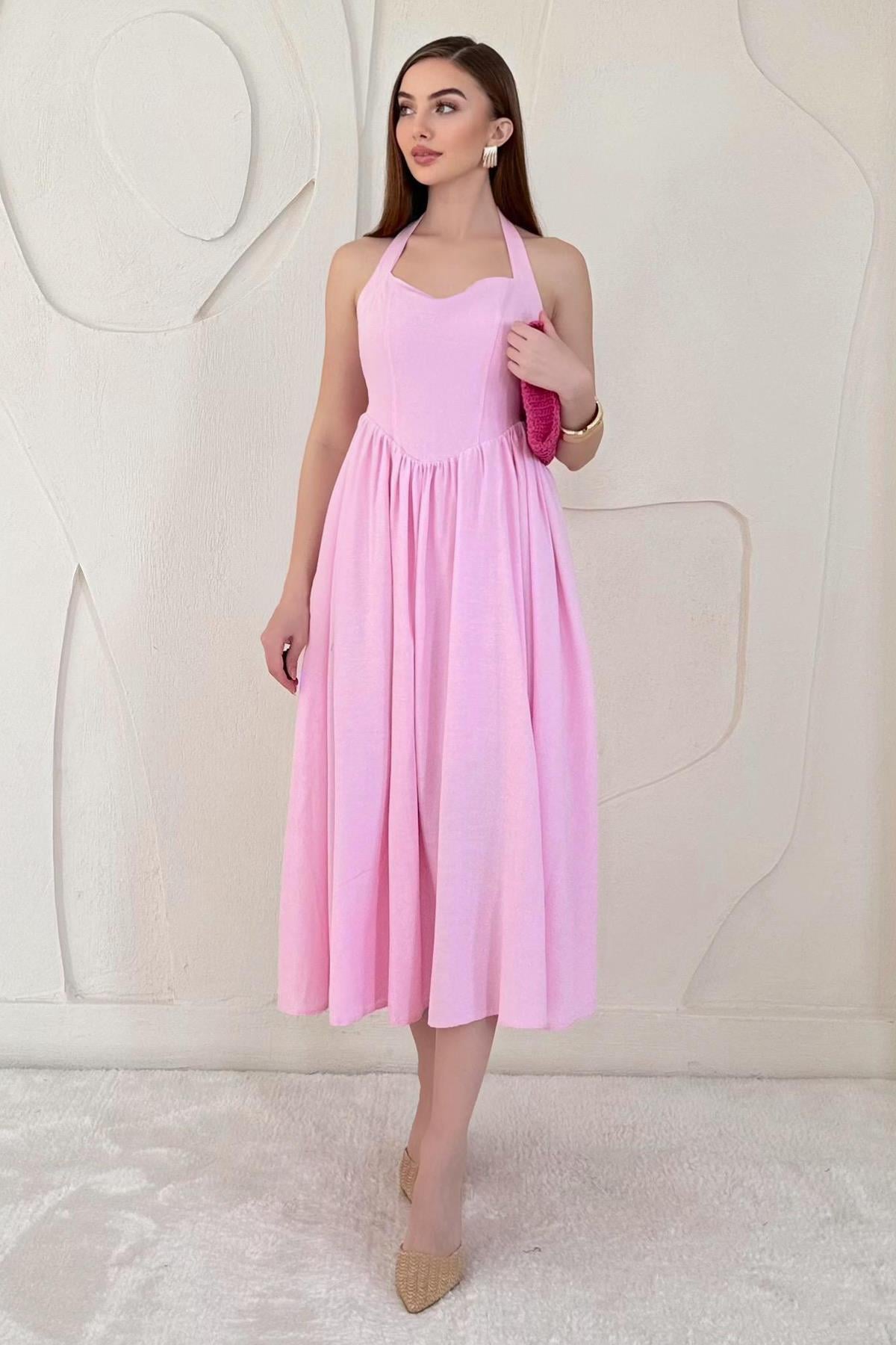 Pembe Boyundan Bağlamalı Keten Elbise