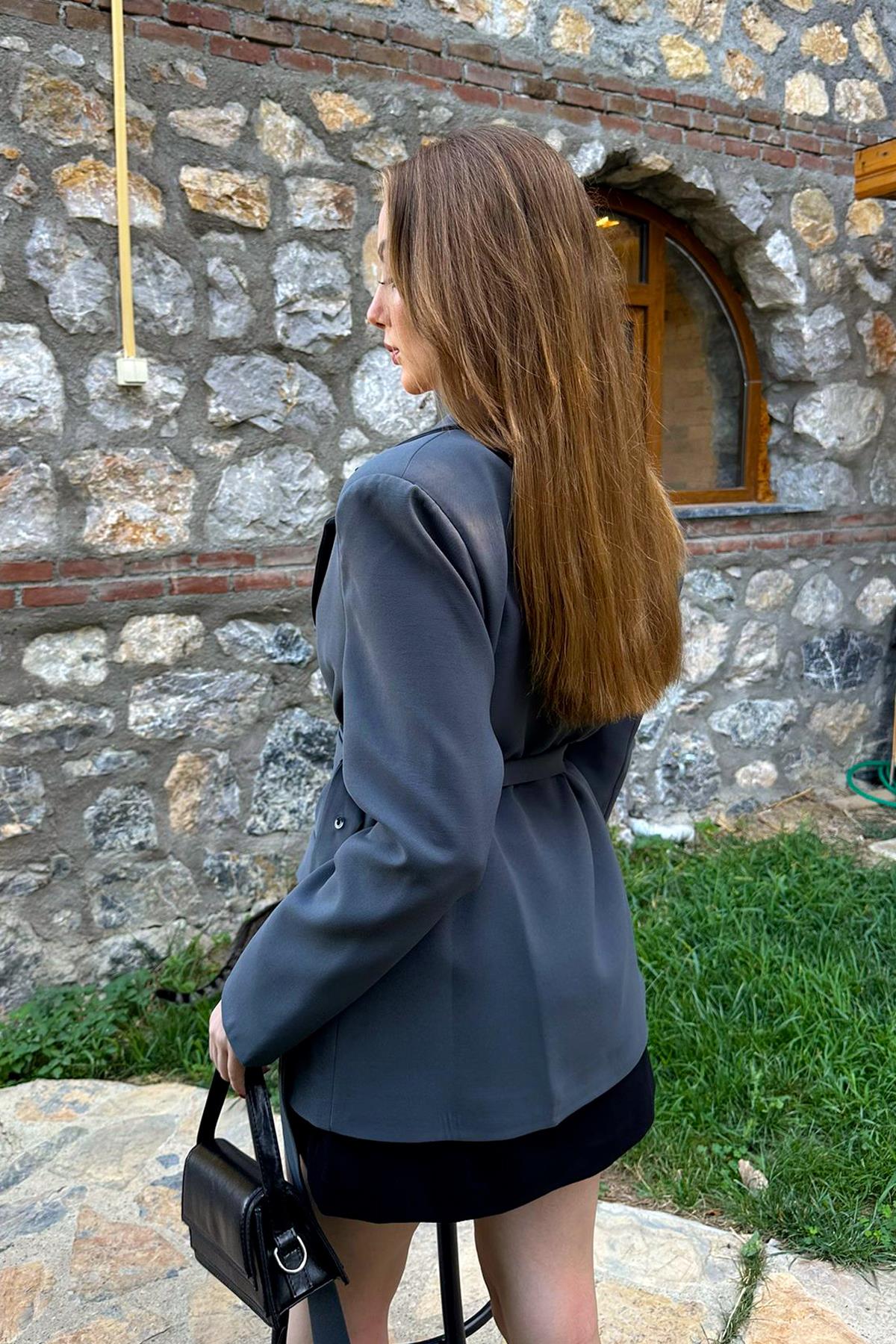Belt Detailed Jacket with Pocket Flaps