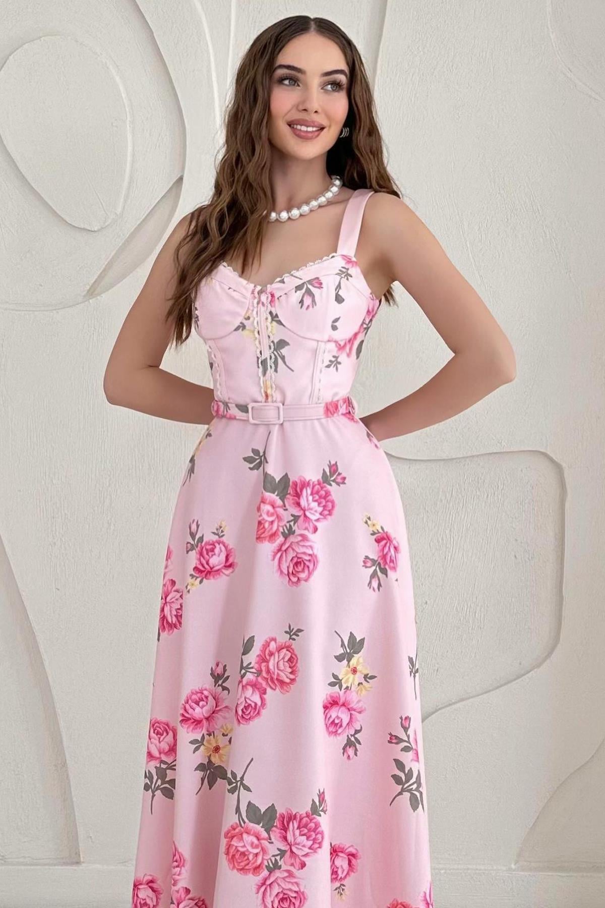 Pembe Çiçek Detaylı Kemerli Vintage Elbise