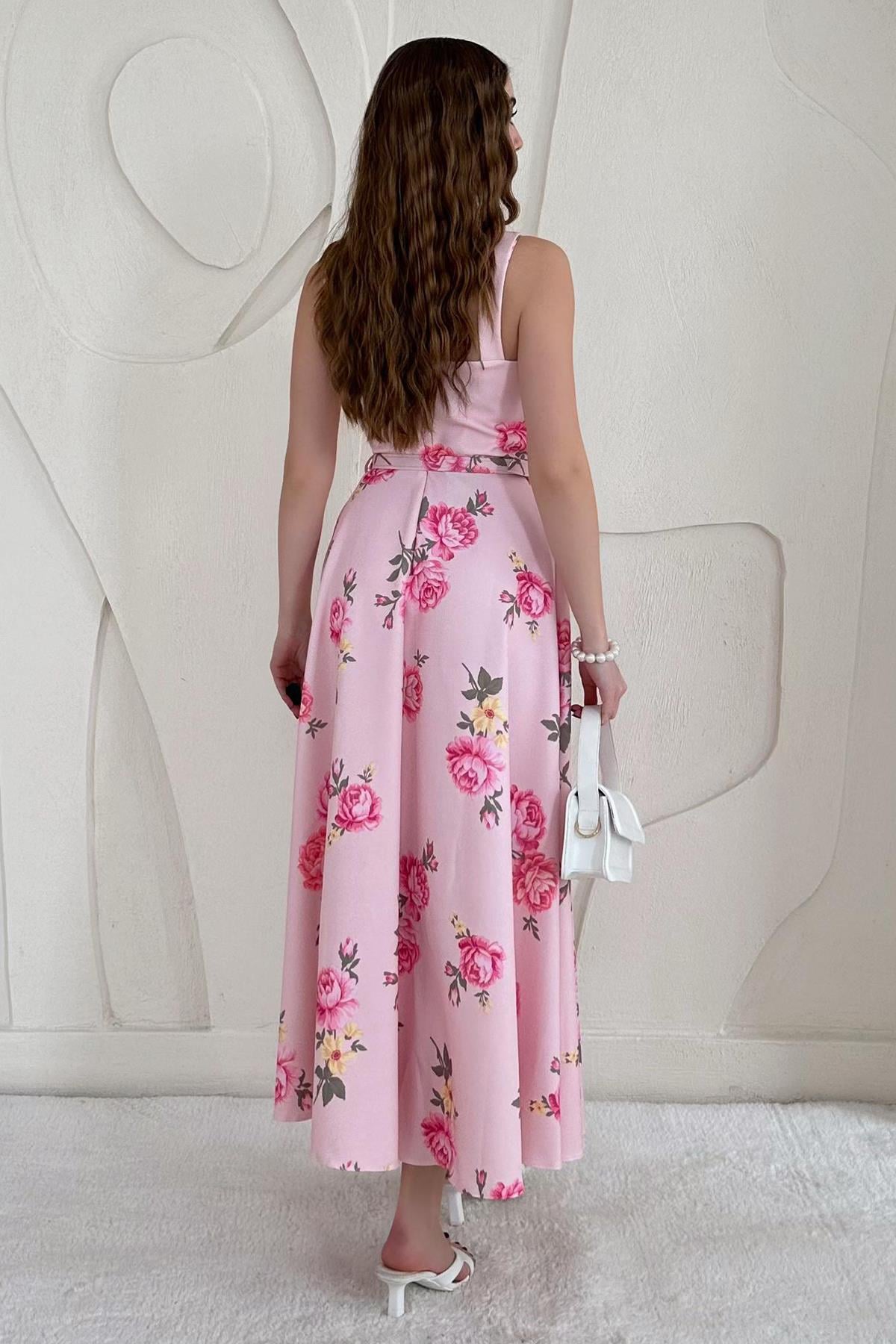 Pembe Çiçek Detaylı Kemerli Vintage Elbise