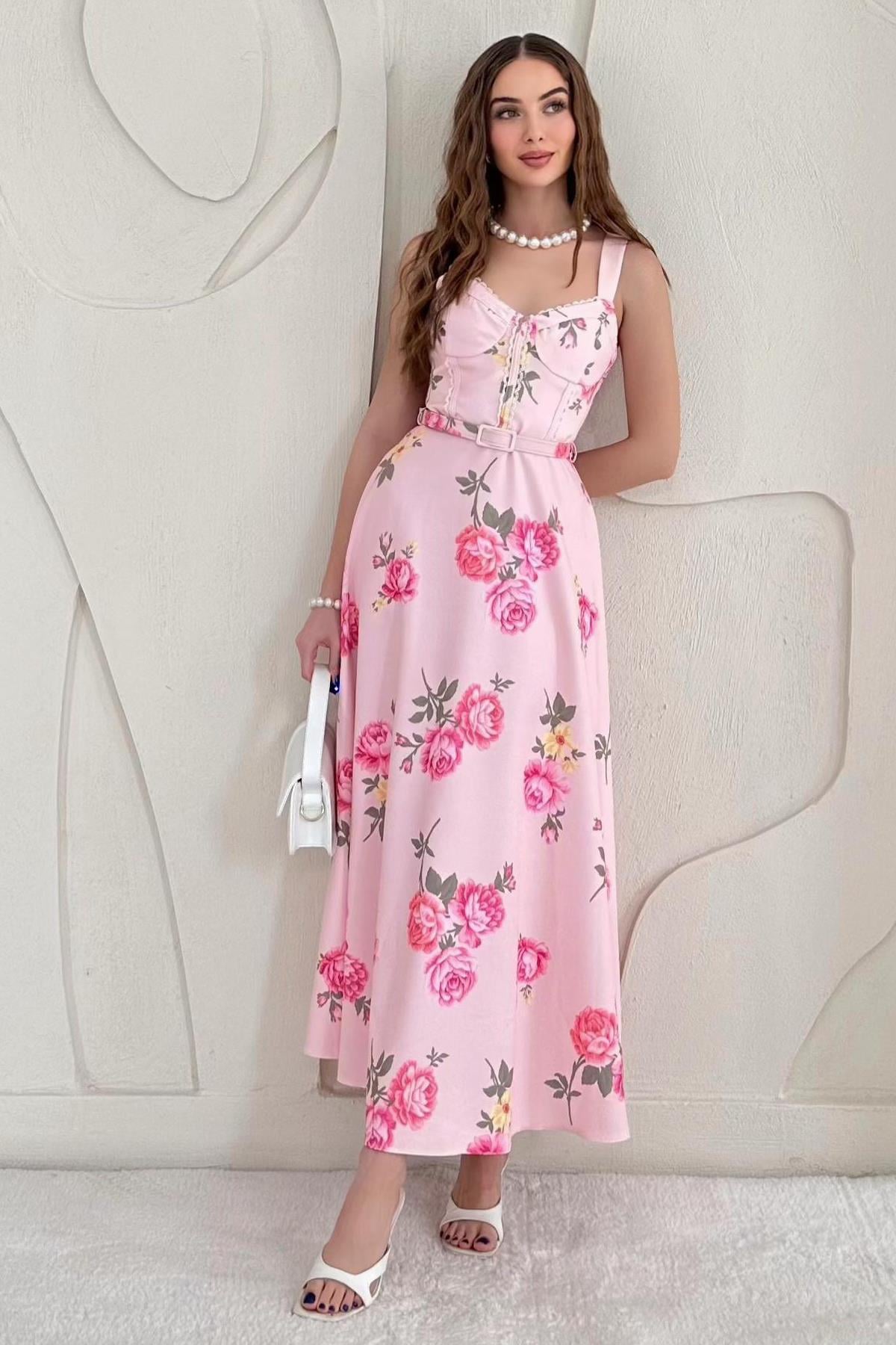 Pembe Çiçek Detaylı Kemerli Vintage Elbise