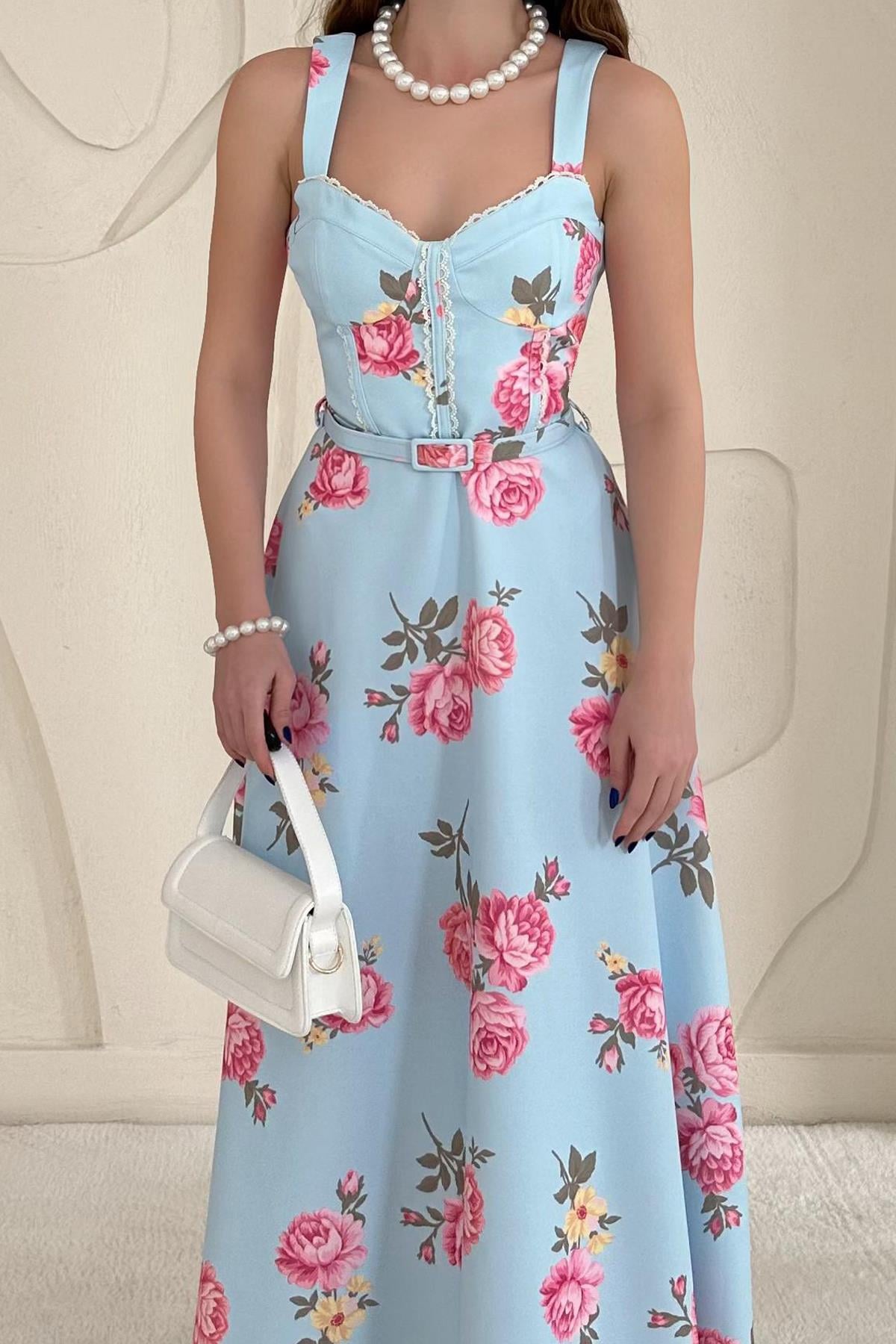 Bebe Mavi Çiçek Detaylı Kemerli Vintage Elbise