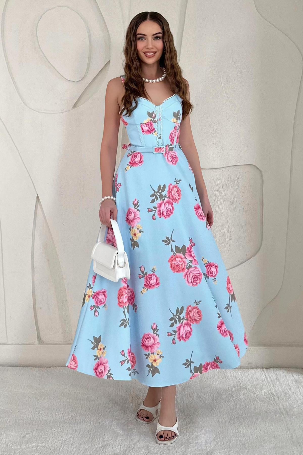 Bebe Mavi Çiçek Detaylı Kemerli Vintage Elbise