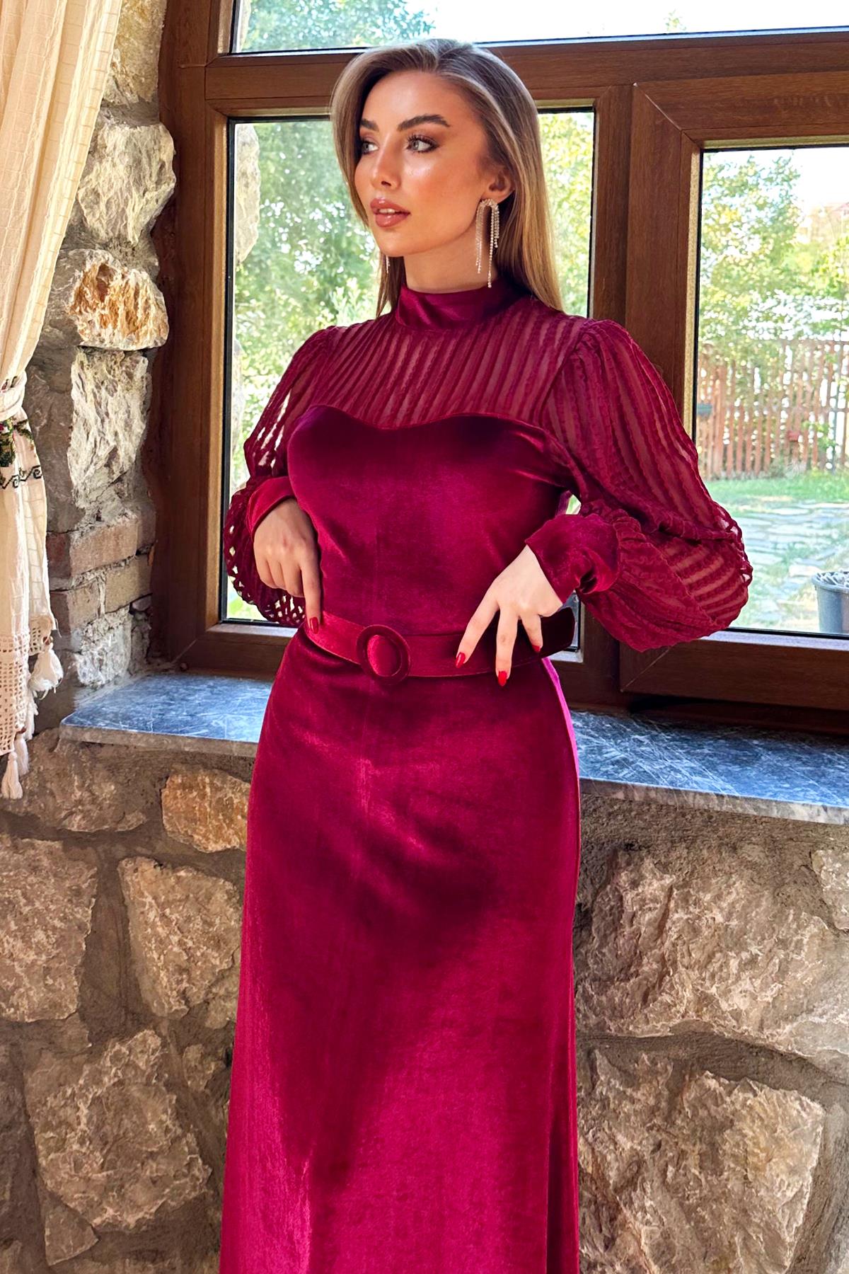 Bordo Dantel Detaylı Kemerli Kadife Elbise