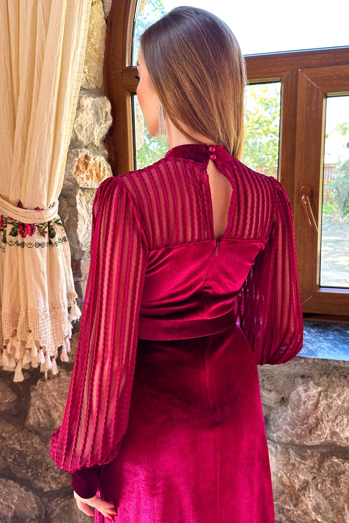 Bordo Dantel Detaylı Kemerli Kadife Elbise