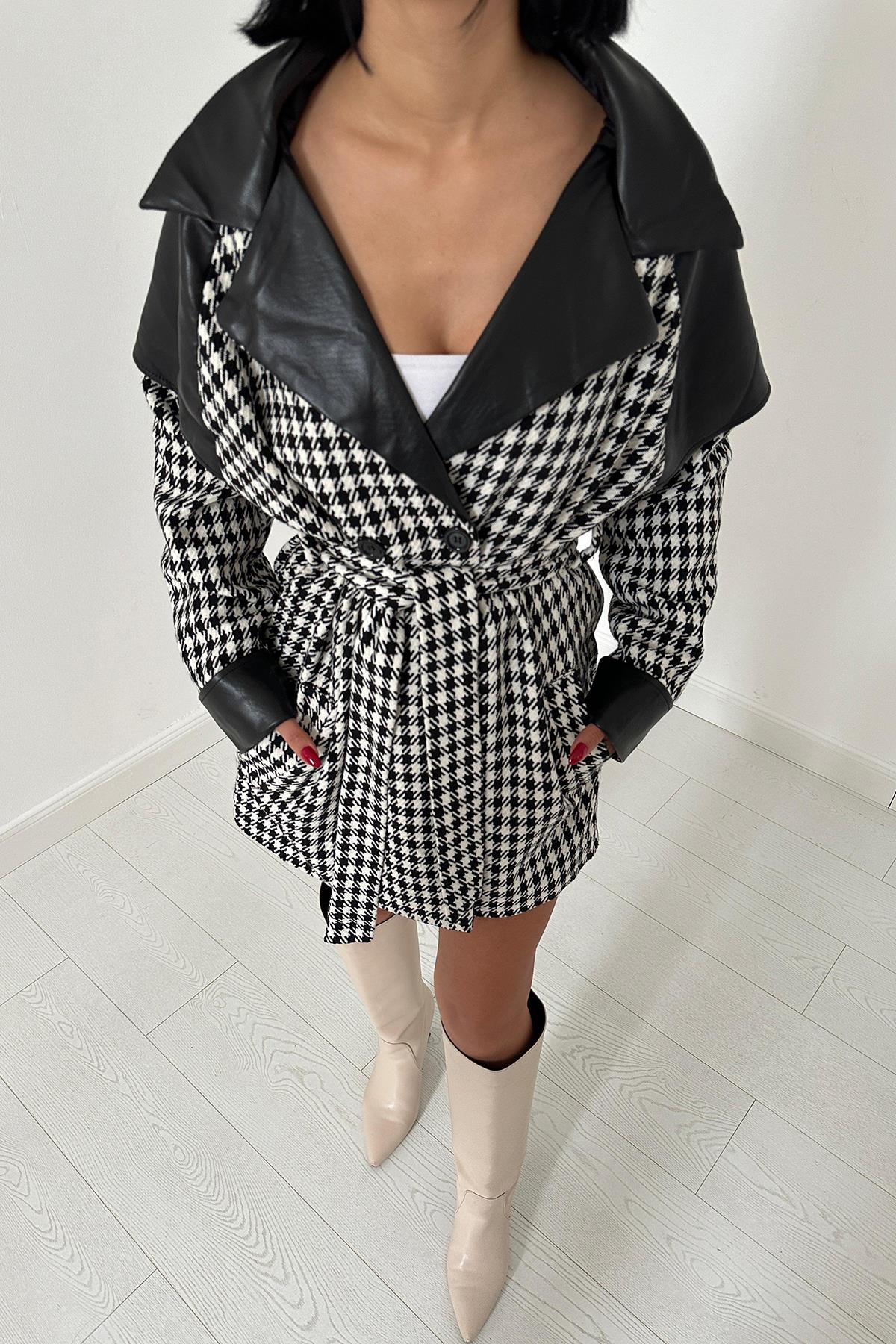 Siyah Deri Yakalı Kazayağı Mont