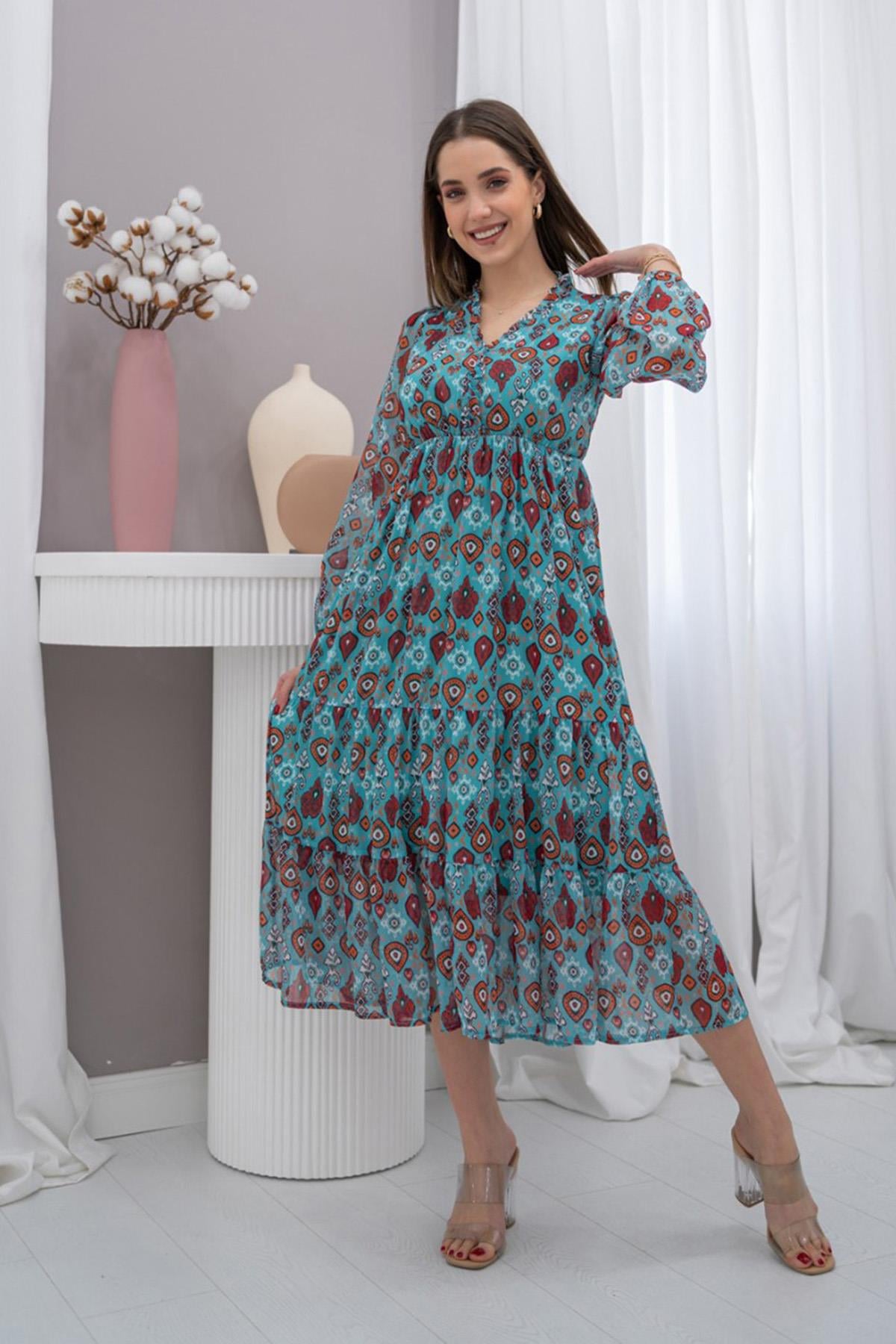 Mint Desenli Şifon Elbise
