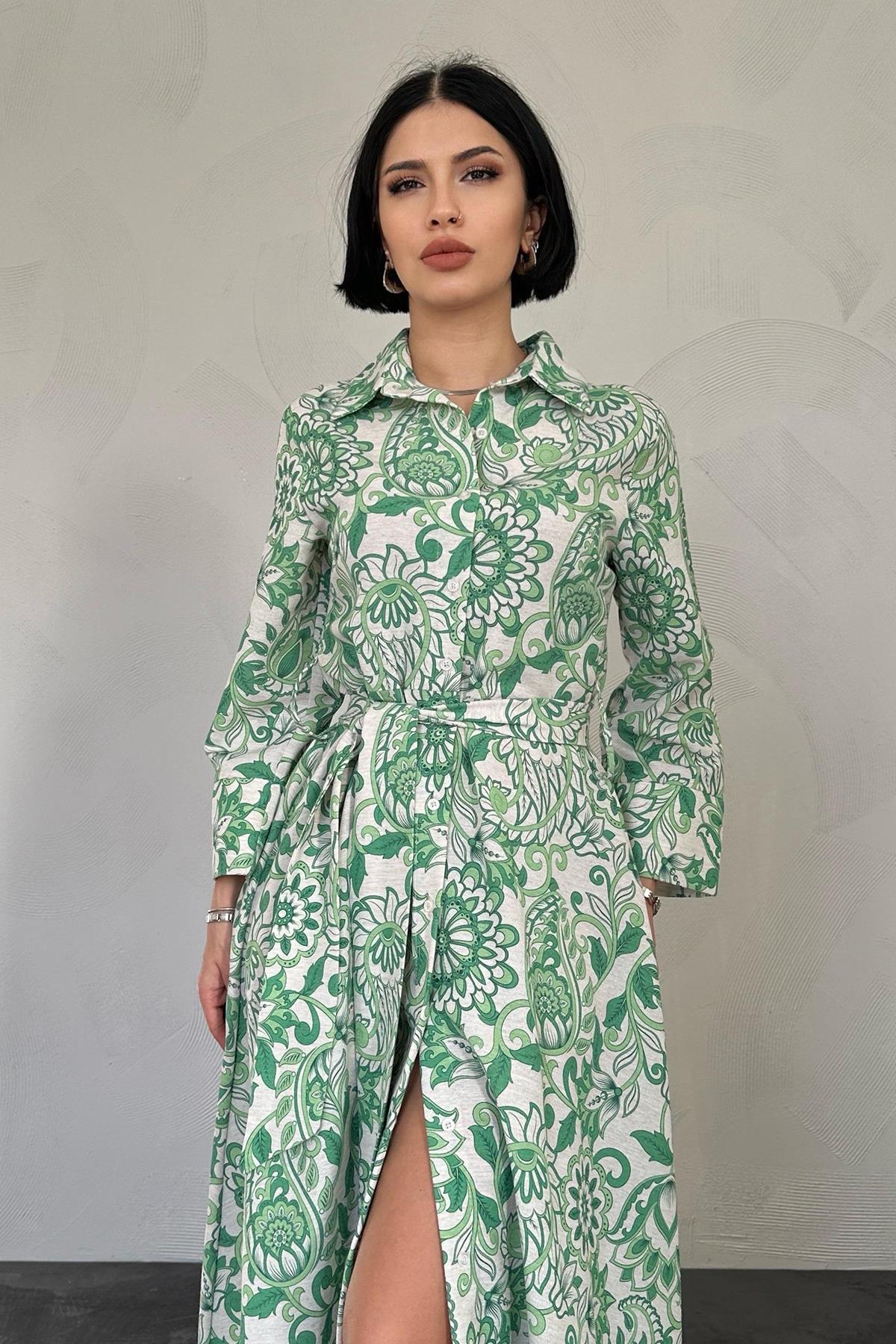 Yeşil Desenli ve Kuşaklı Elbise