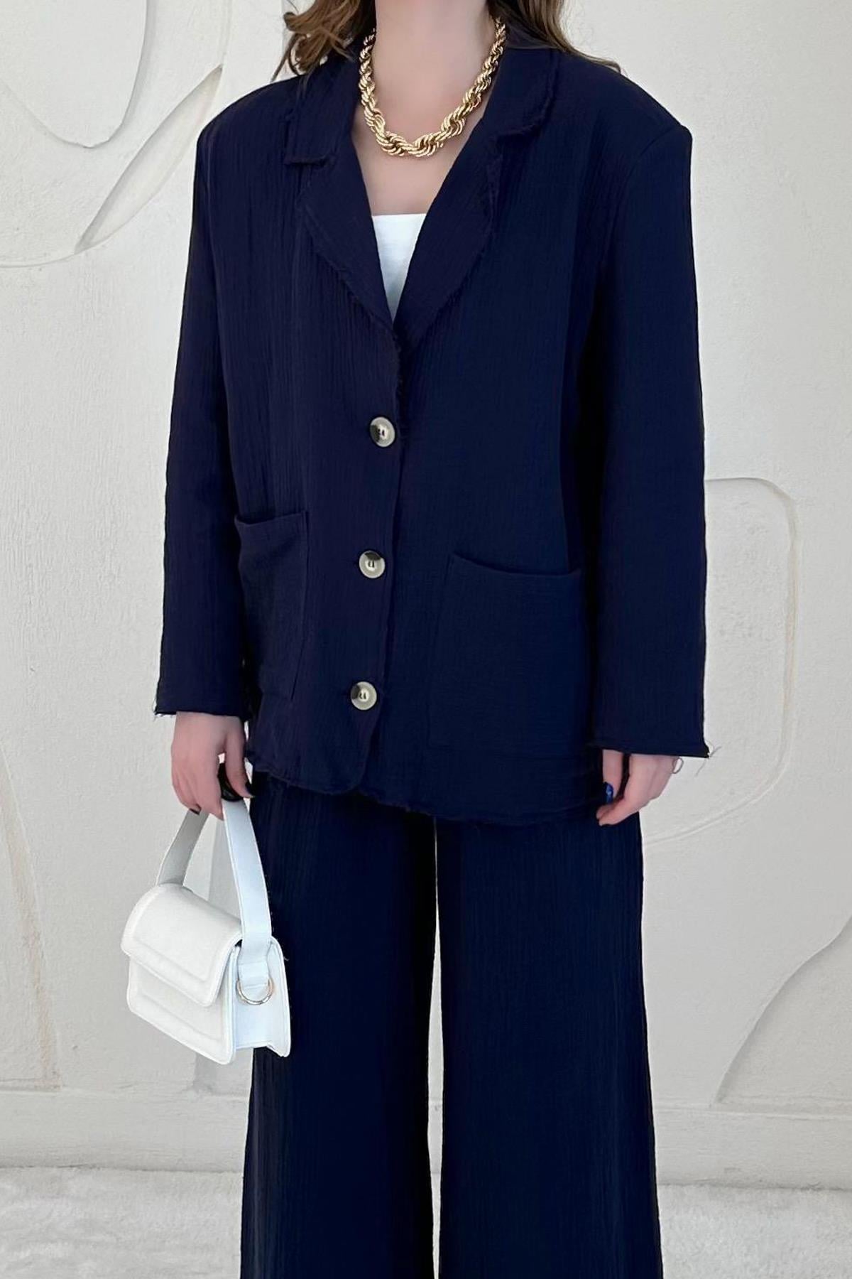 Lacivert Düğme Detaylı Oversize Müslin Takım