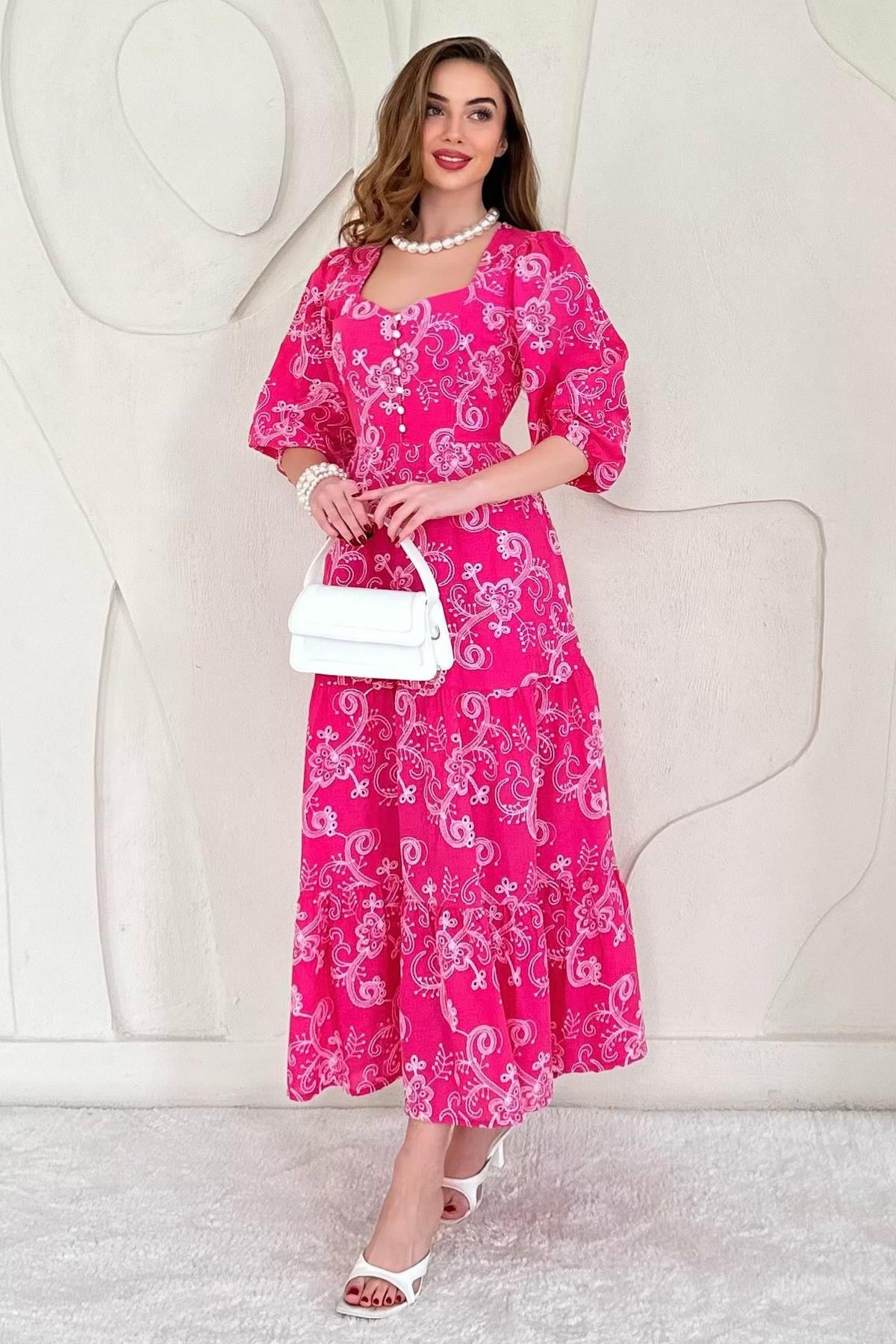 Fuşya Düğmeli Brode Elbise