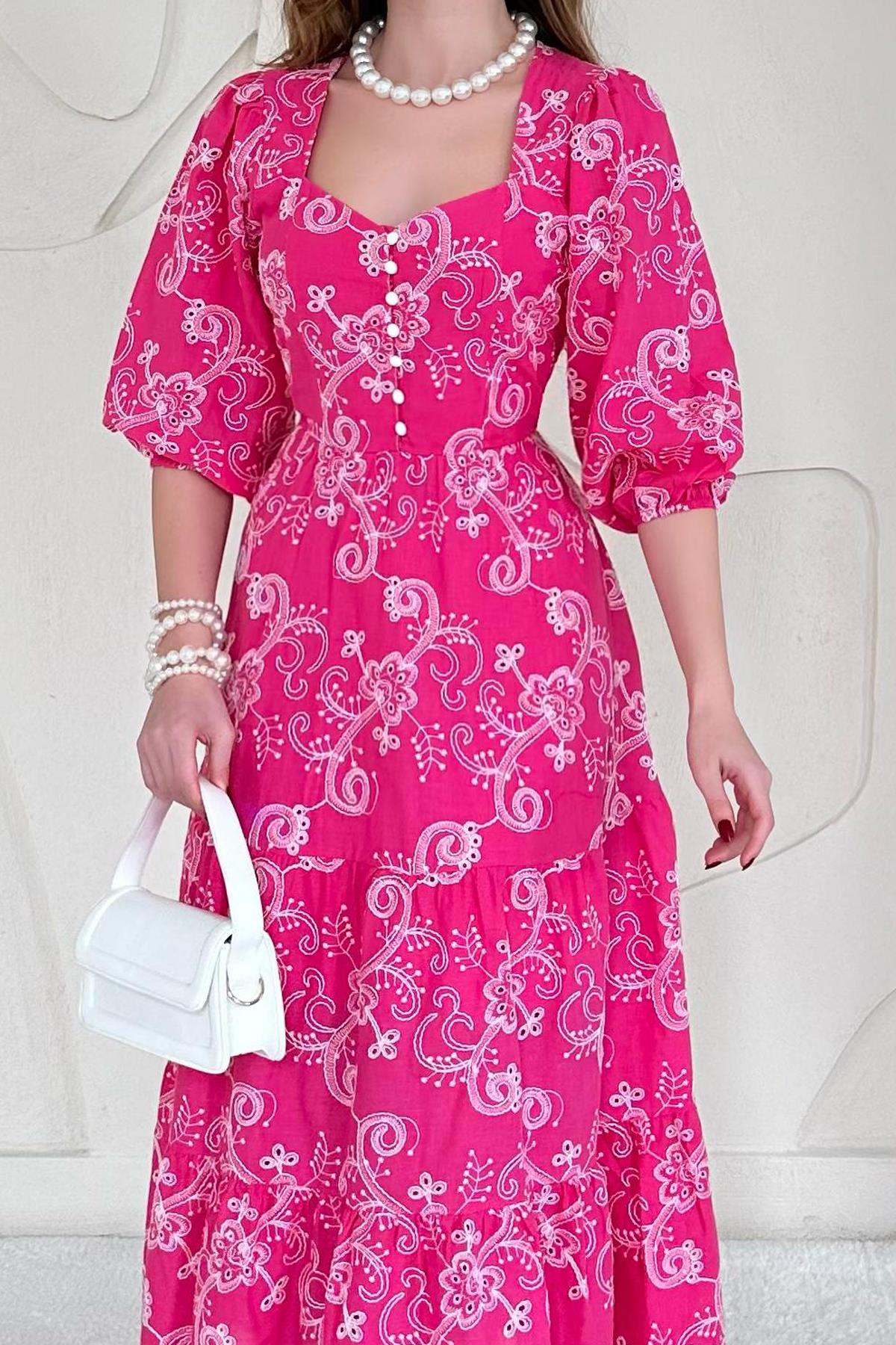 Fuşya Düğmeli Brode Elbise
