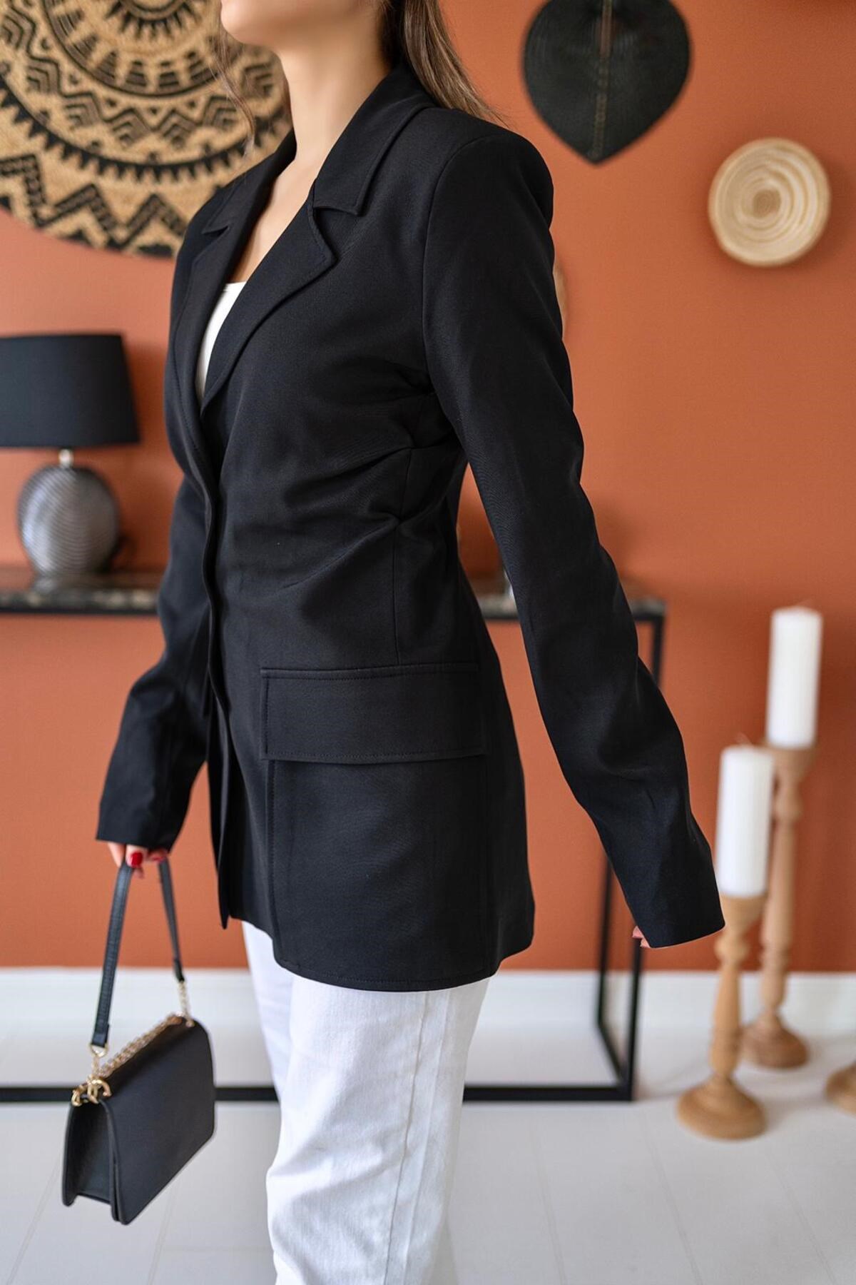 Siyah Büzgü Detay Ceket Elbise
