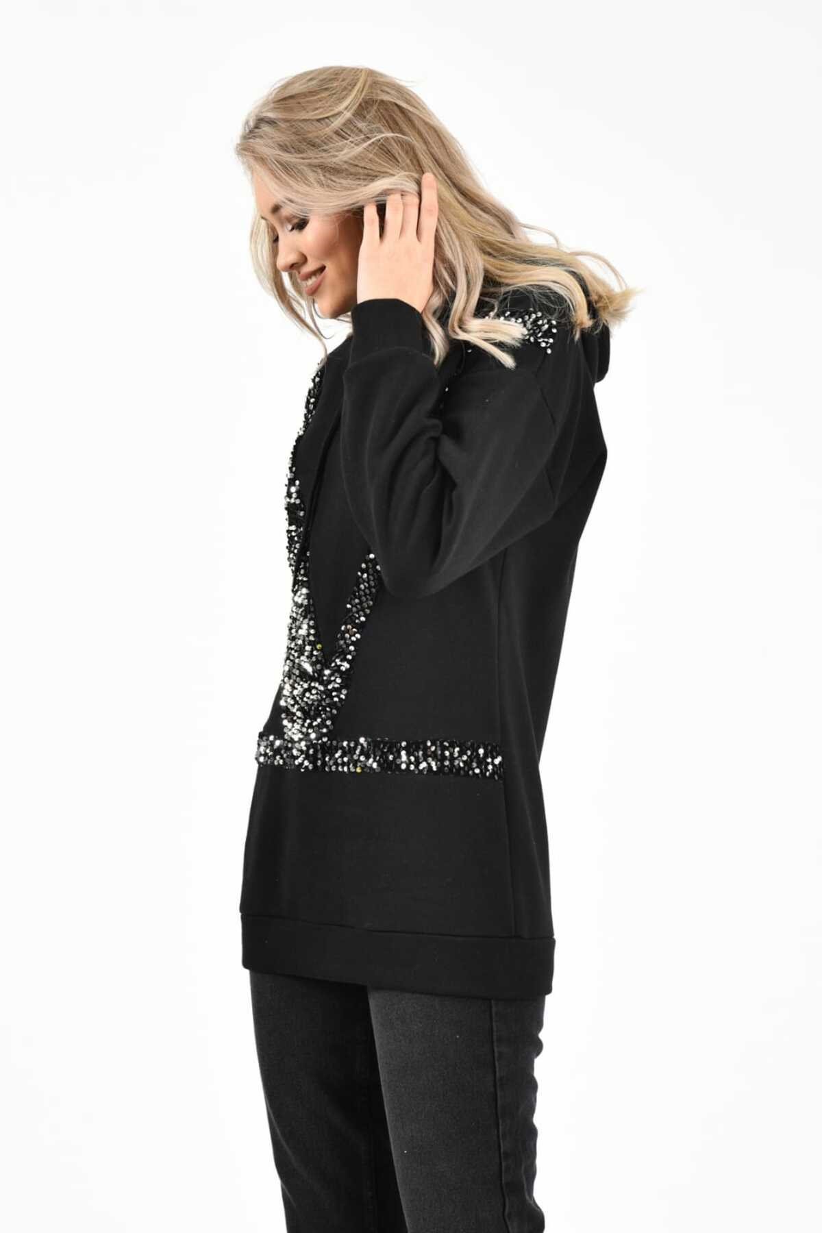 Hooded and Black Sequined Sweatshirt