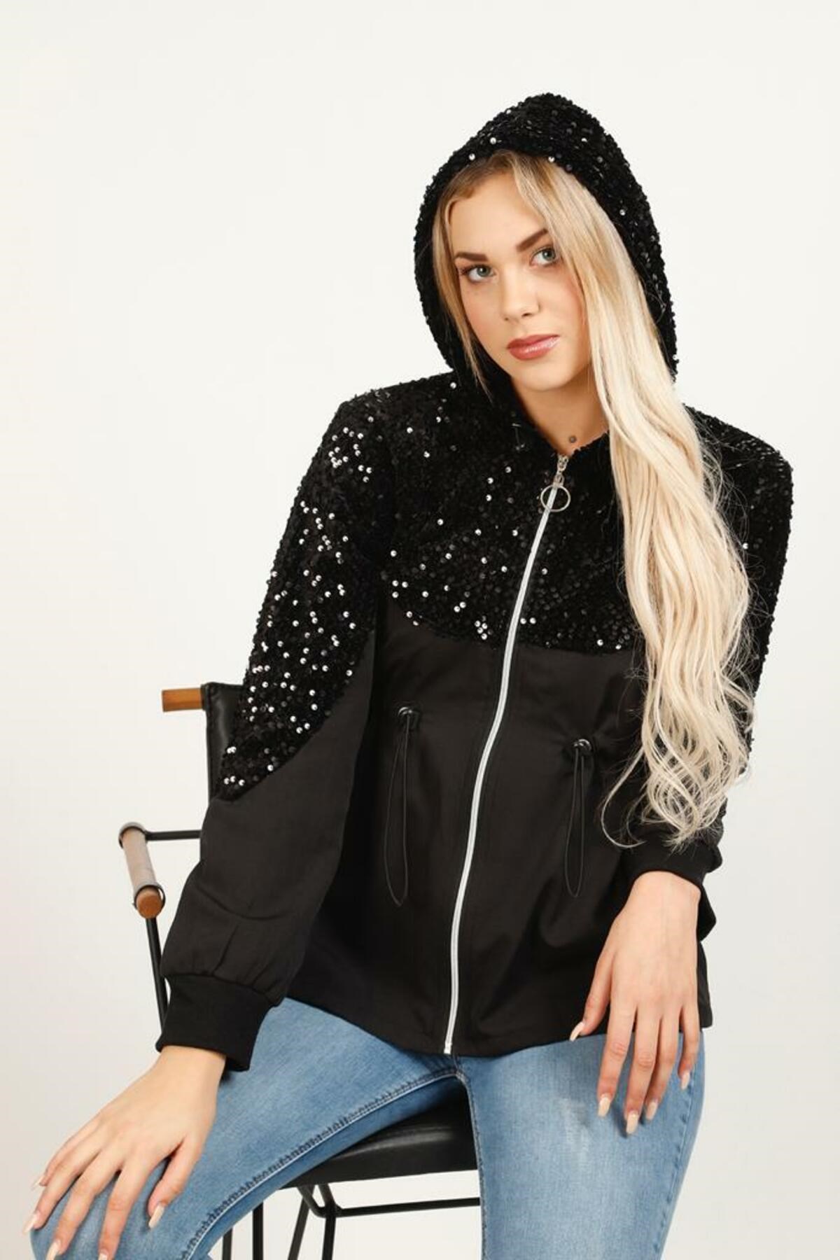 Sequin Waist and Hooded Sweatshirt
