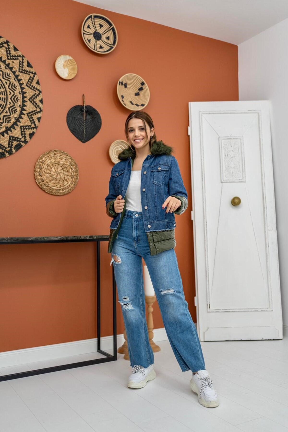 Yeşil Şişme Kot Mont