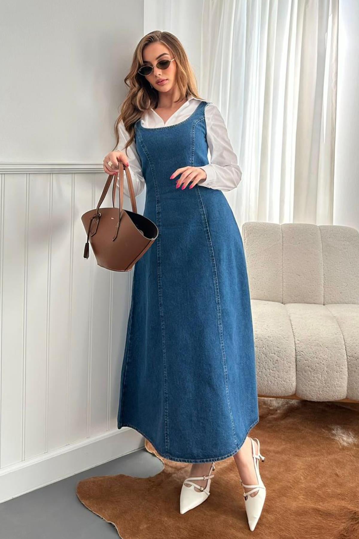 Mavi Fermuar Detaylı Askılı Denim