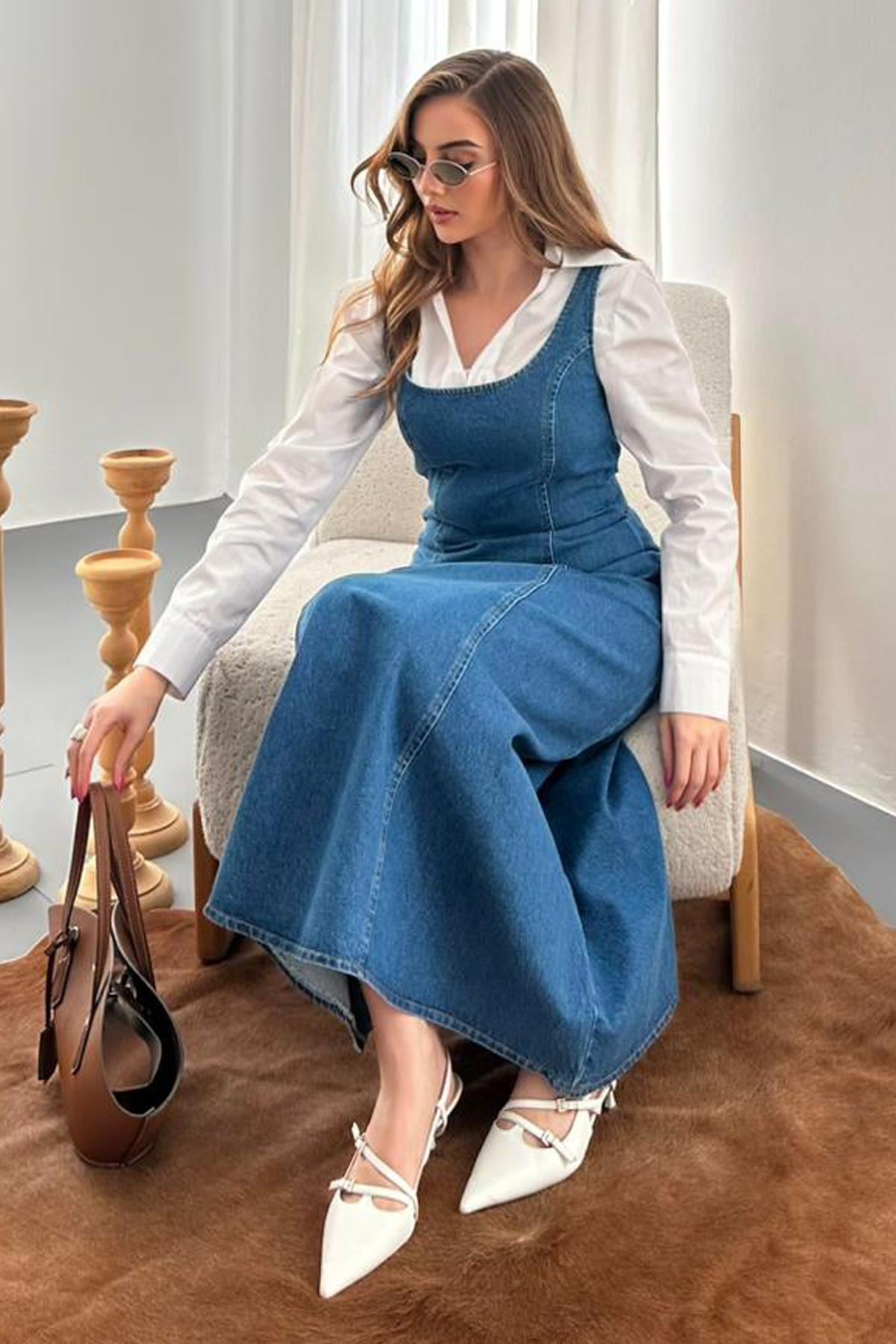 Mavi Fermuar Detaylı Askılı Denim