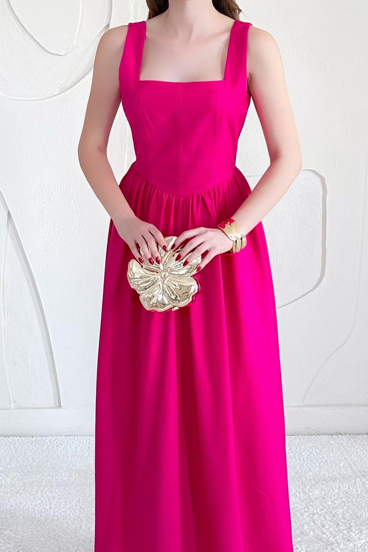 Fuşya Fermuarlı Kalın Askılı Keten Elbise