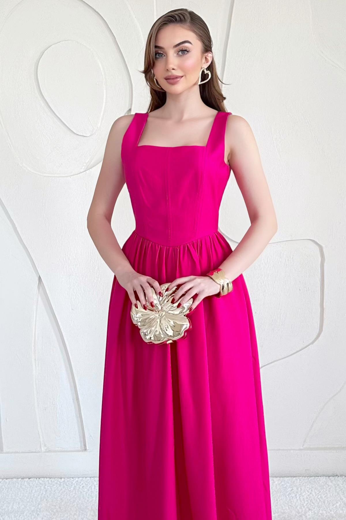 Fuşya Fermuarlı Kalın Askılı Keten Elbise