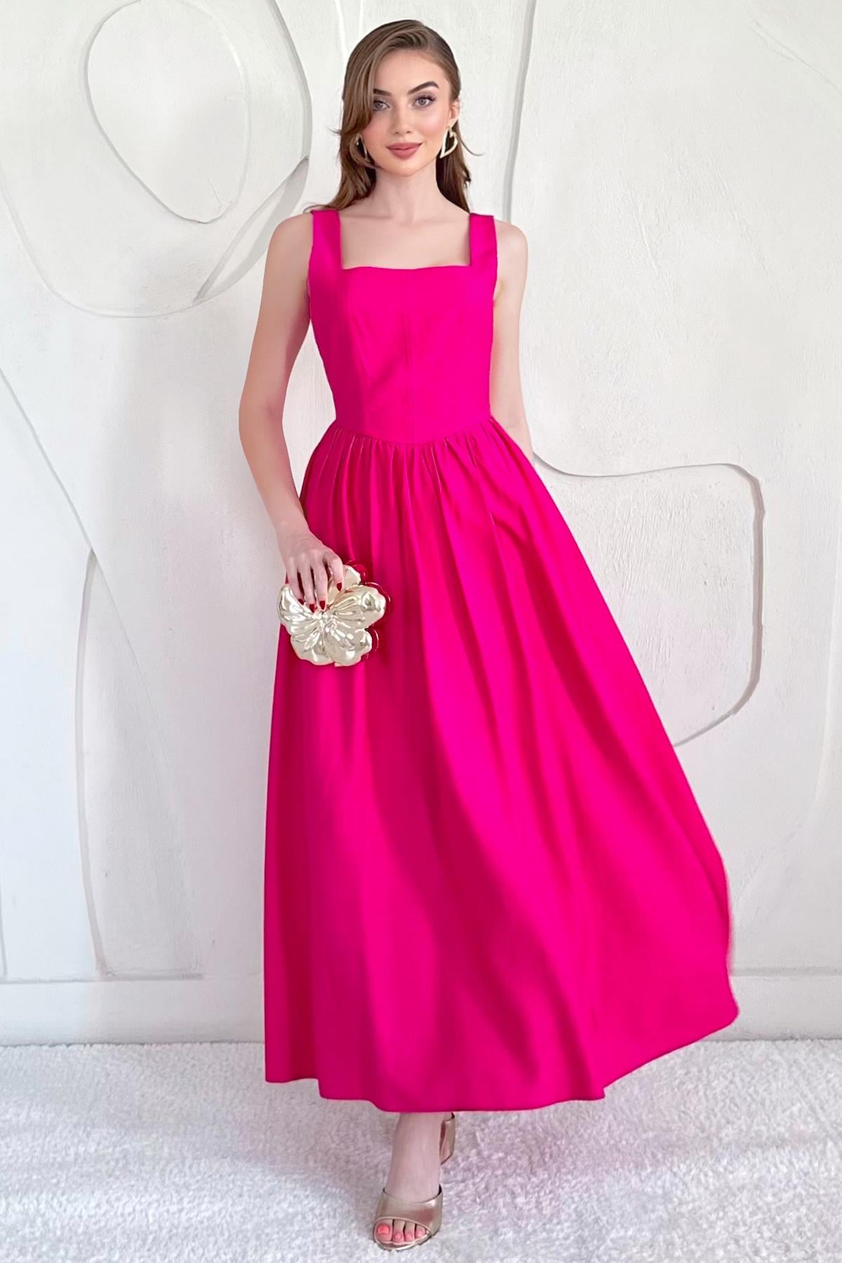 Fuşya Fermuarlı Kalın Askılı Keten Elbise