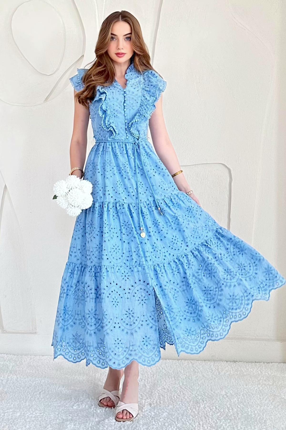 Mavi Fırfırlı Düğmeli Elbise