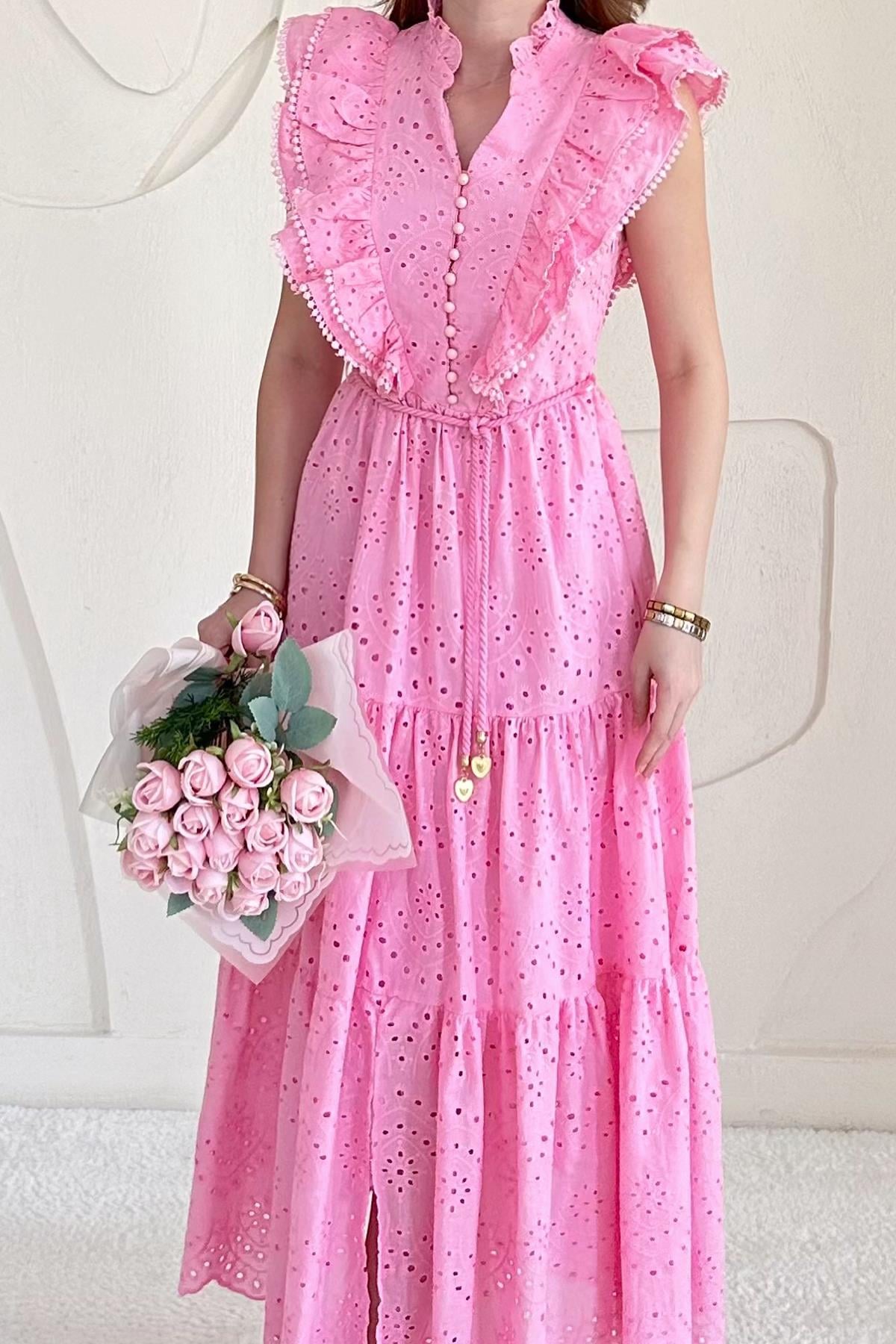 Pembe Fırfırlı Düğmeli Elbise