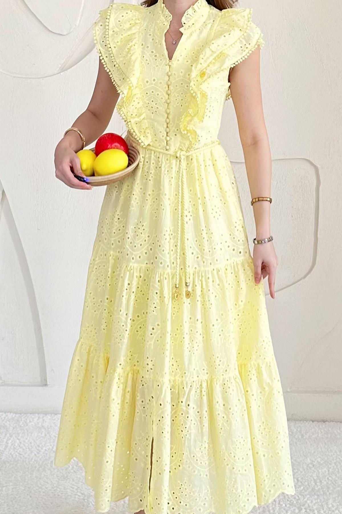 Sarı Fırfırlı Düğmeli Elbise