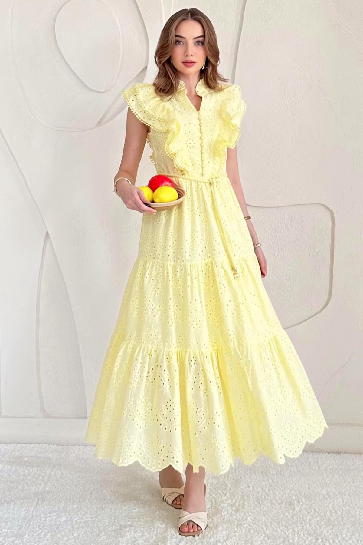 Sarı Fırfırlı Düğmeli Elbise