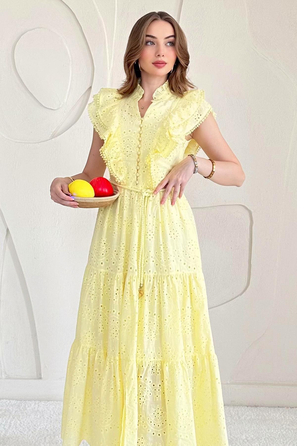 Sarı Fırfırlı Düğmeli Elbise