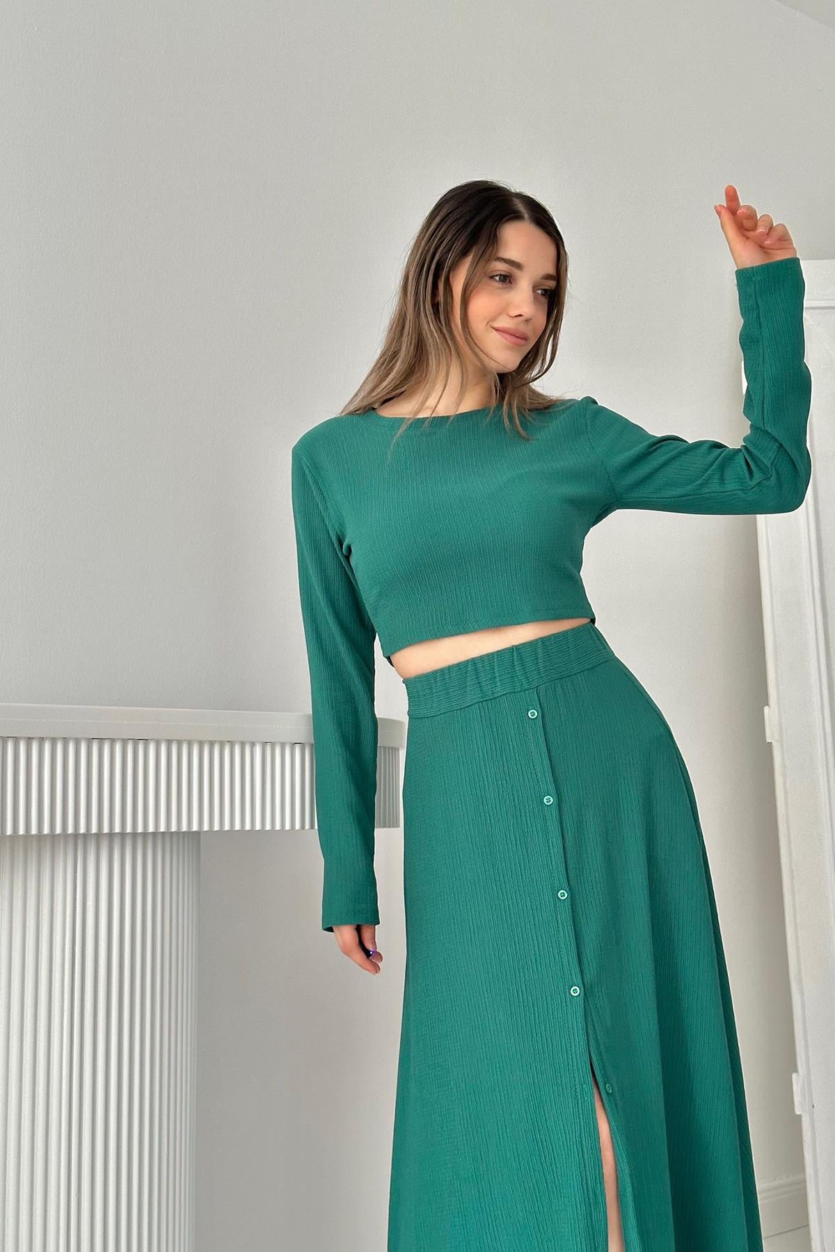 Mint Fitilli Bluz ve Etek Takım