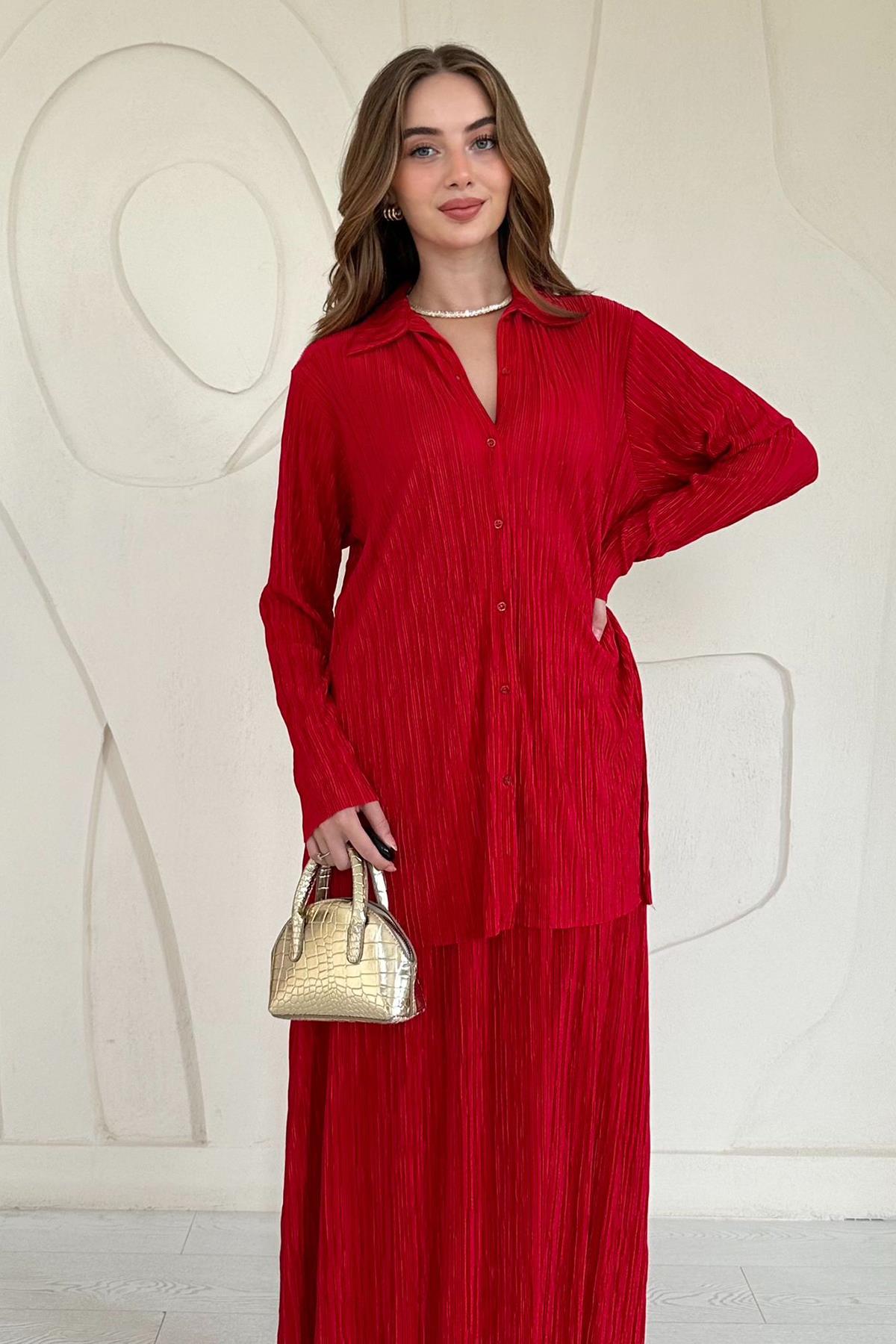 Kırmızı Fitilli Gömlek ve Uzun Etek Takım