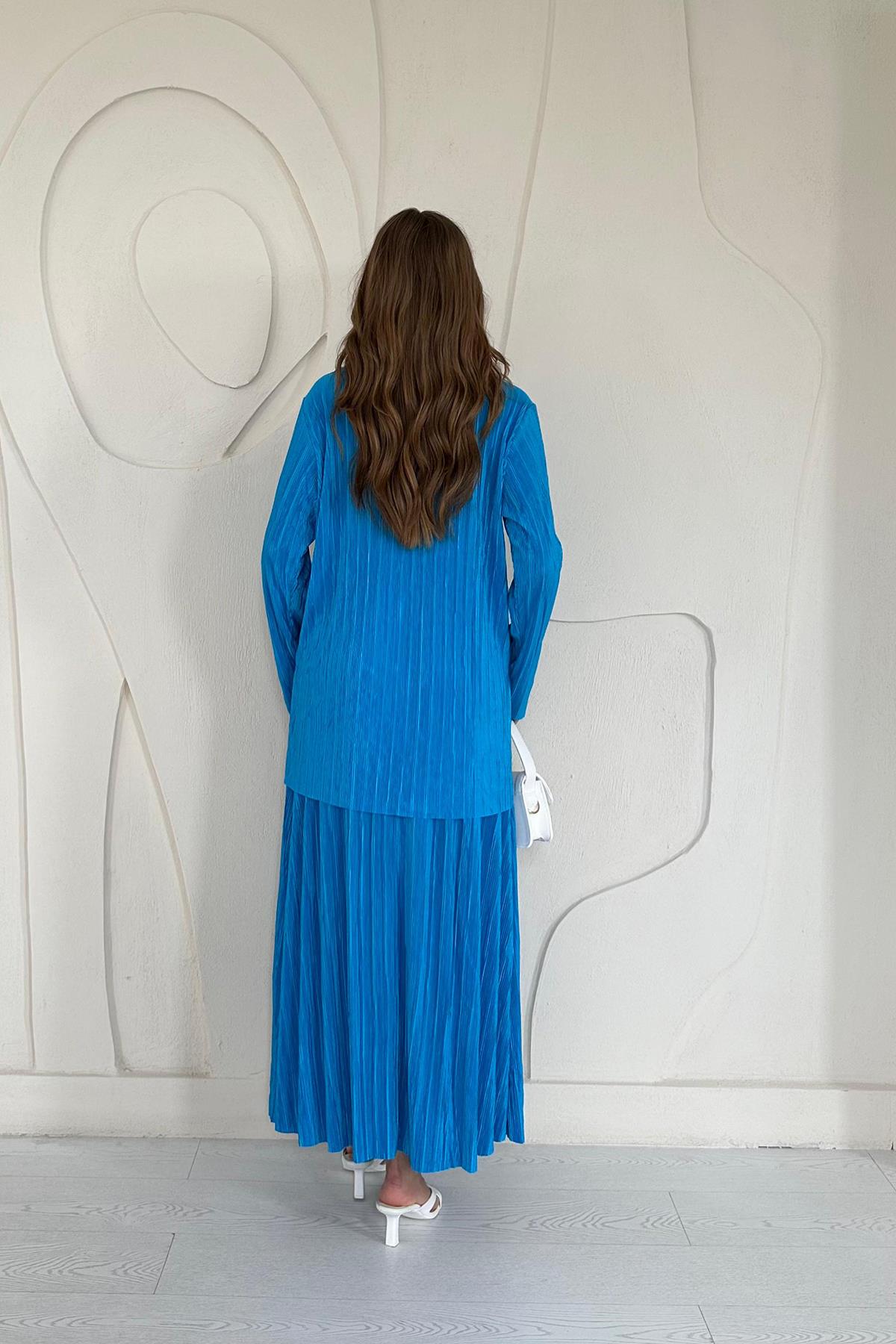 Mavi Fitilli Gömlek ve Uzun Etek Takım