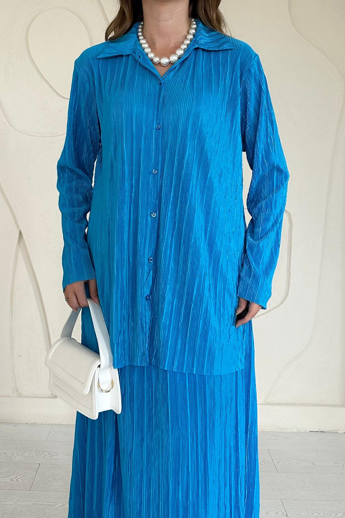 Mavi Fitilli Gömlek ve Uzun Etek Takım