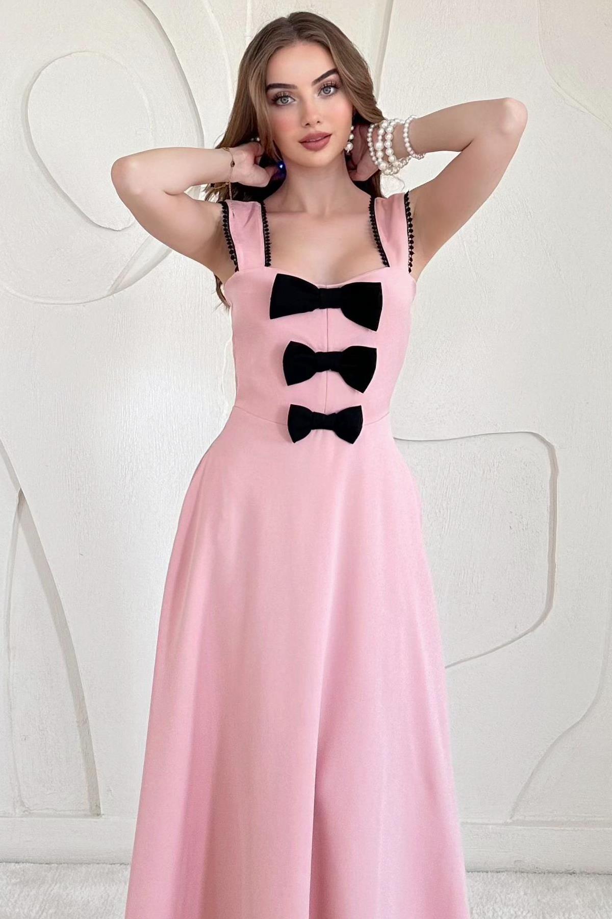 Pudra Fiyonk Detaylı Garnili Elbise